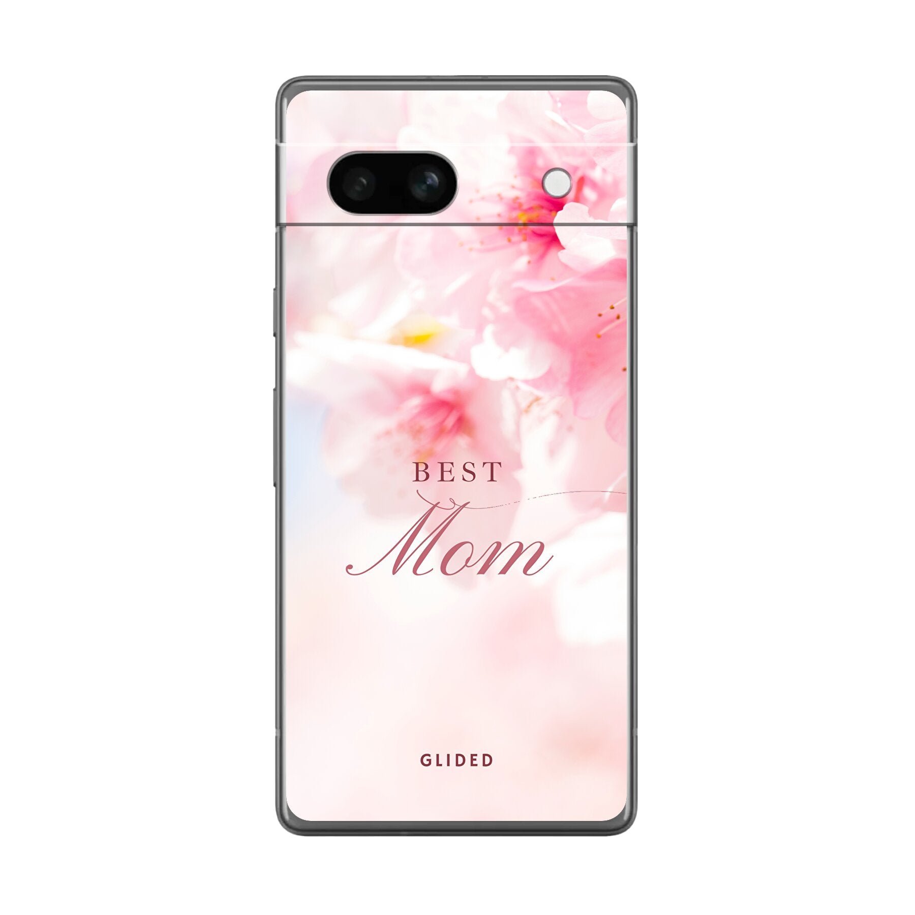 Flower Power Handyhülle für Google Pixel 7a mit rosa Blumen und der Aufschrift 'Best Mom', ideal als Geschenk für Mütter.