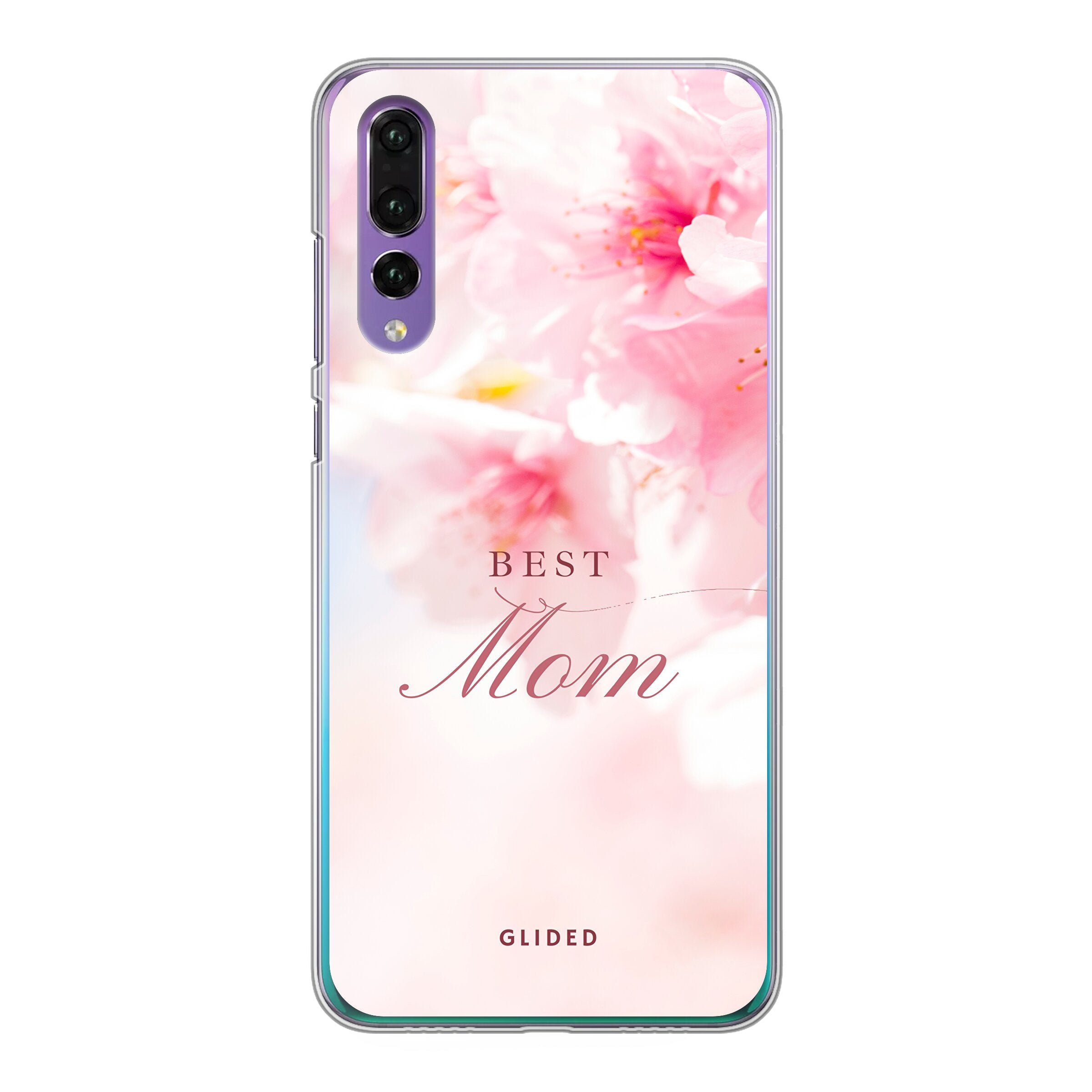 Flower Power Huawei P30 Handyhülle mit rosa Blumen und der Aufschrift 'Best Mom', ideal für Mütter.