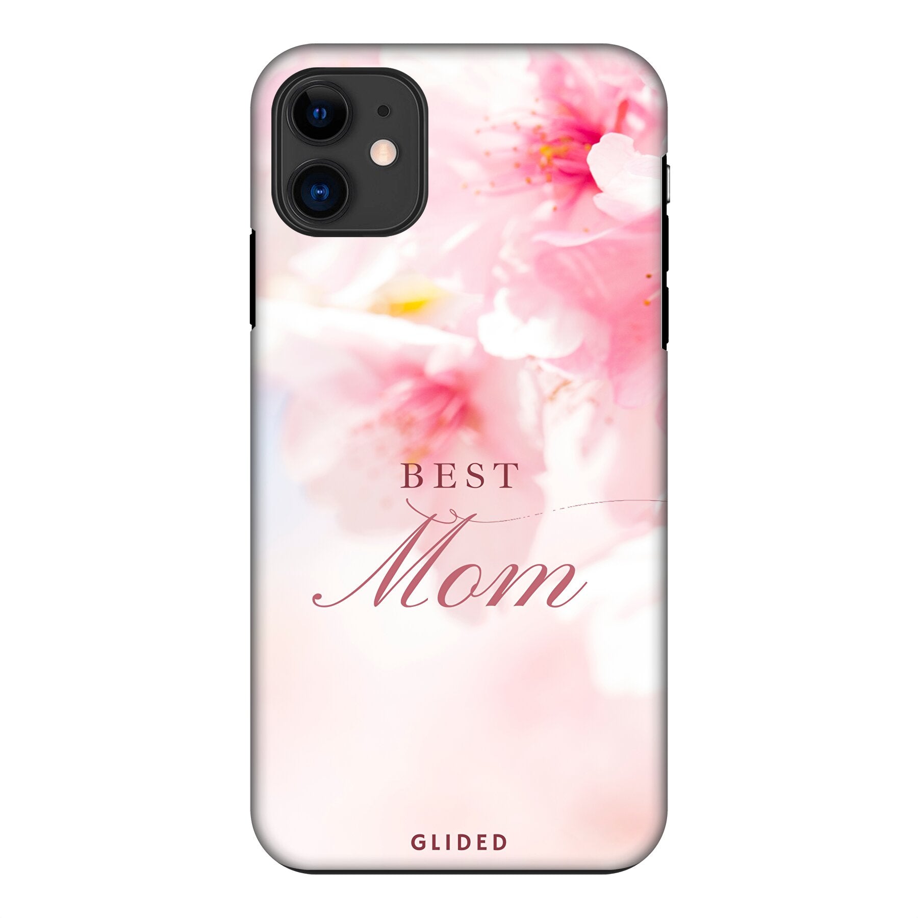 Flower Power iPhone 11 Handyhülle mit rosa Blumen und 'Best Mom'-Aufschrift, ideal für Mütter.