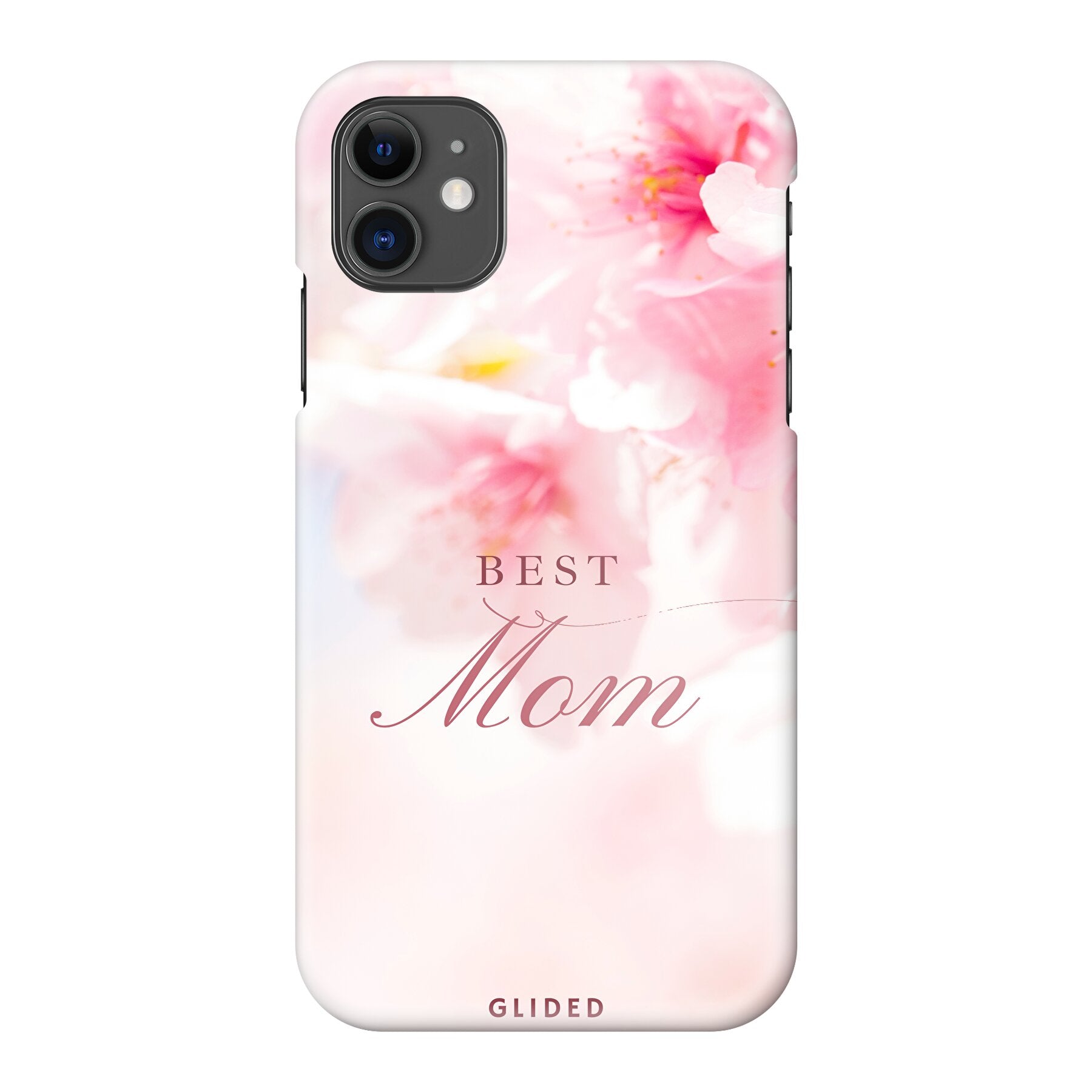 Flower Power iPhone 11 Handyhülle mit rosa Blumen und 'Best Mom'-Aufschrift, ideal für Mütter.