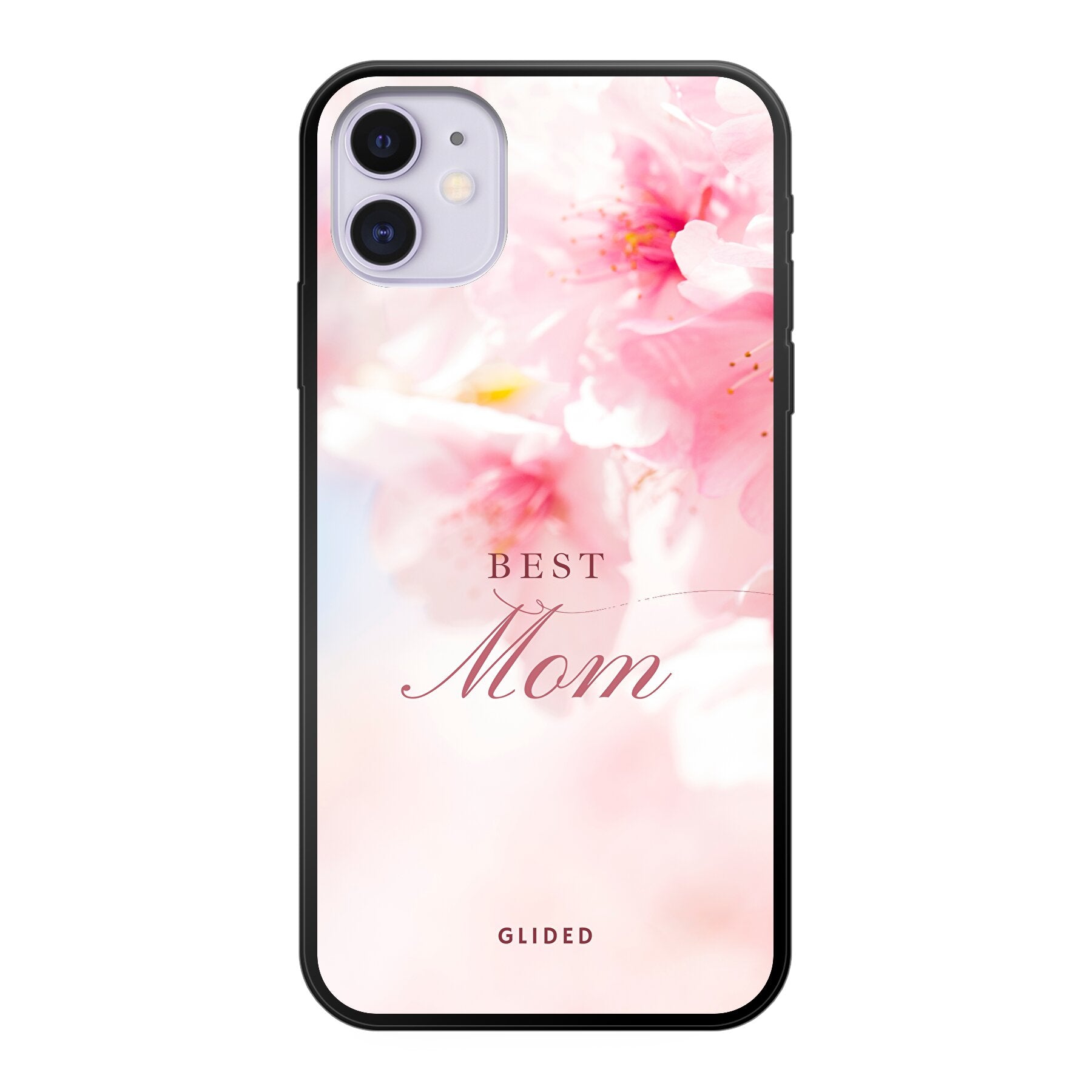 Flower Power iPhone 11 Handyhülle mit rosa Blumen und 'Best Mom'-Aufschrift, ideal für Mütter.