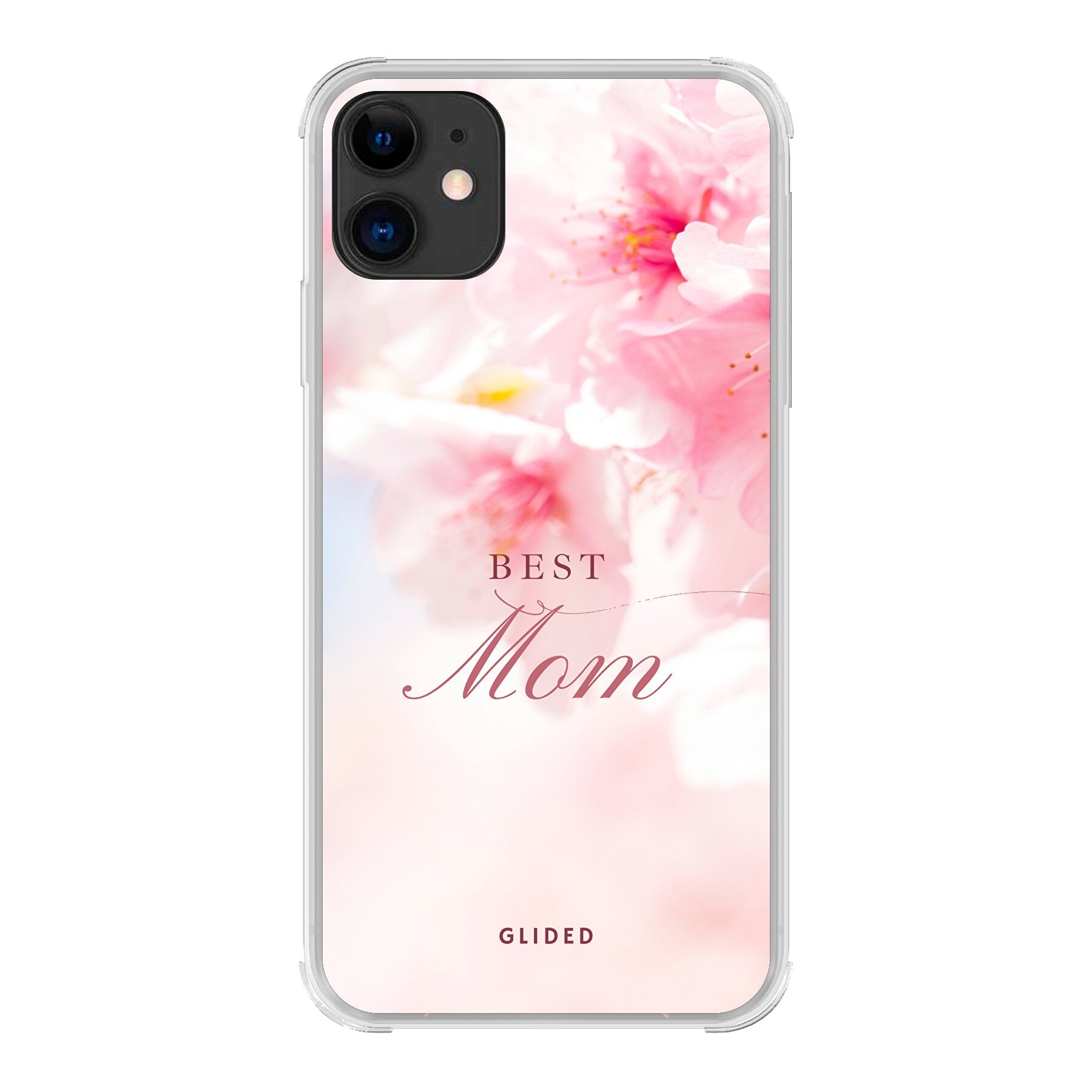 Flower Power iPhone 11 Handyhülle mit rosa Blumen und 'Best Mom'-Aufschrift, ideal für Mütter.