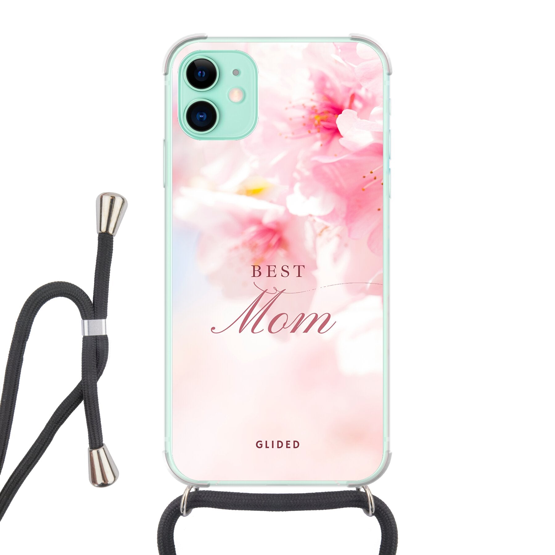 Flower Power iPhone 11 Handyhülle mit rosa Blumen und 'Best Mom'-Aufschrift, ideal für Mütter.