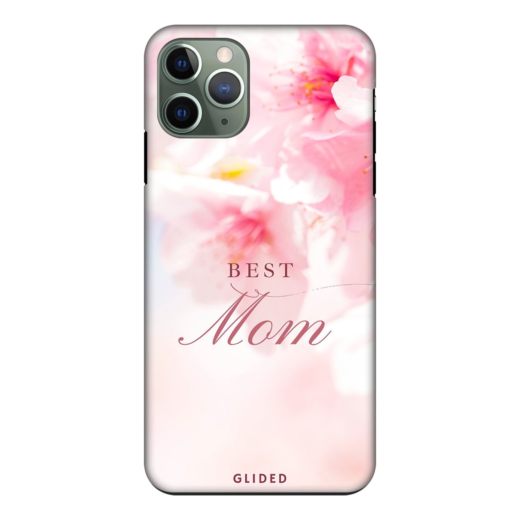 Flower Power iPhone 11 Pro Handyhülle mit rosa Blumen und 'Best Mom'-Aufschrift, ideal für Mütter.