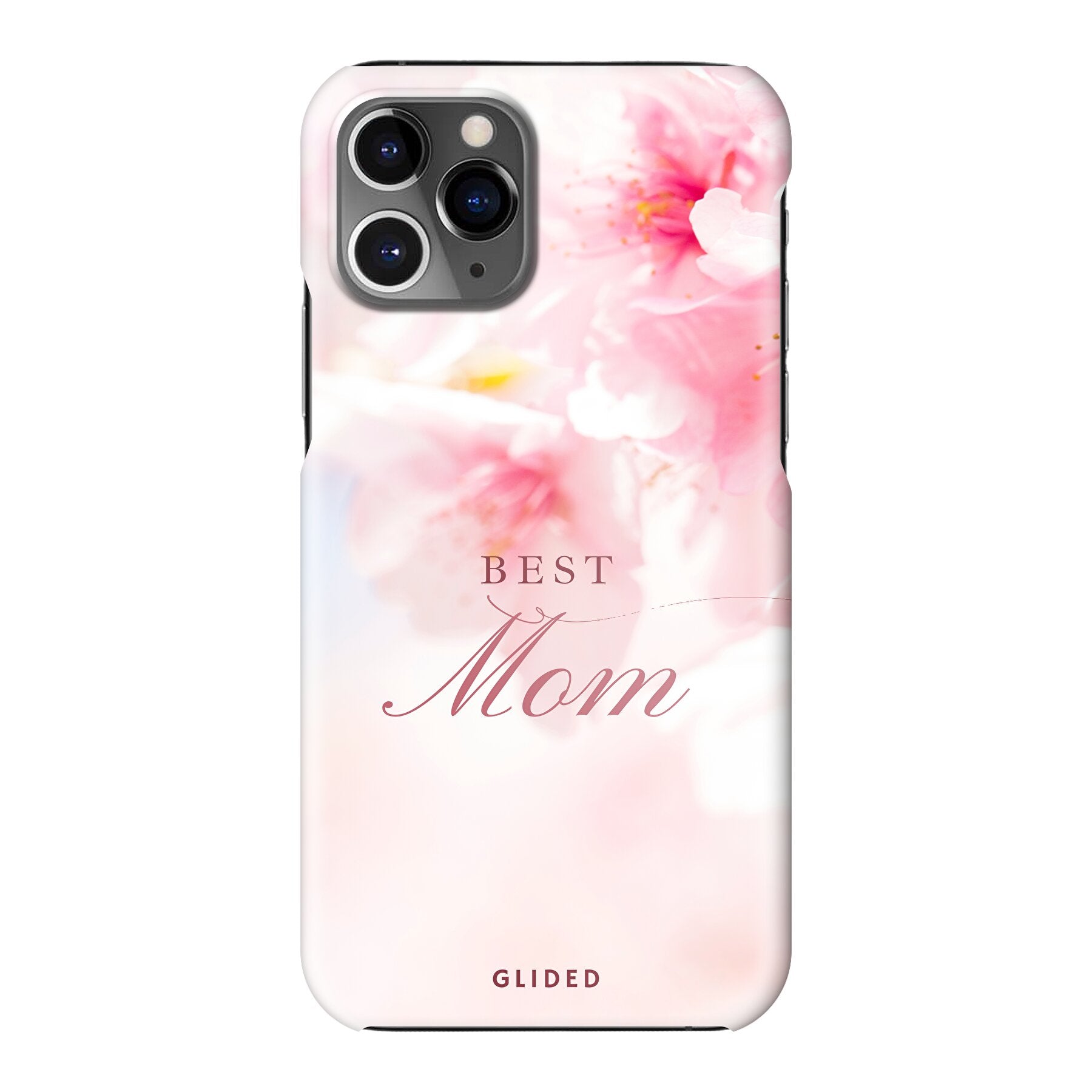 Flower Power iPhone 11 Pro Handyhülle mit rosa Blumen und 'Best Mom'-Aufschrift, ideal für Mütter.