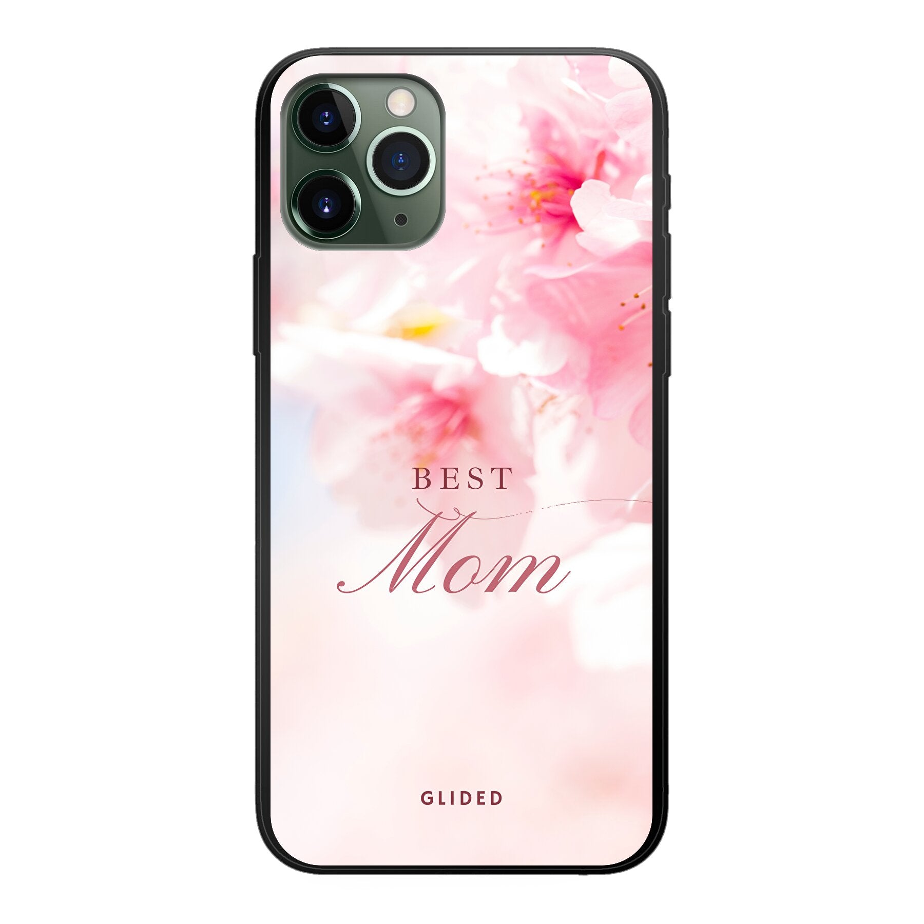 Flower Power iPhone 11 Pro Handyhülle mit rosa Blumen und 'Best Mom'-Aufschrift, ideal für Mütter.