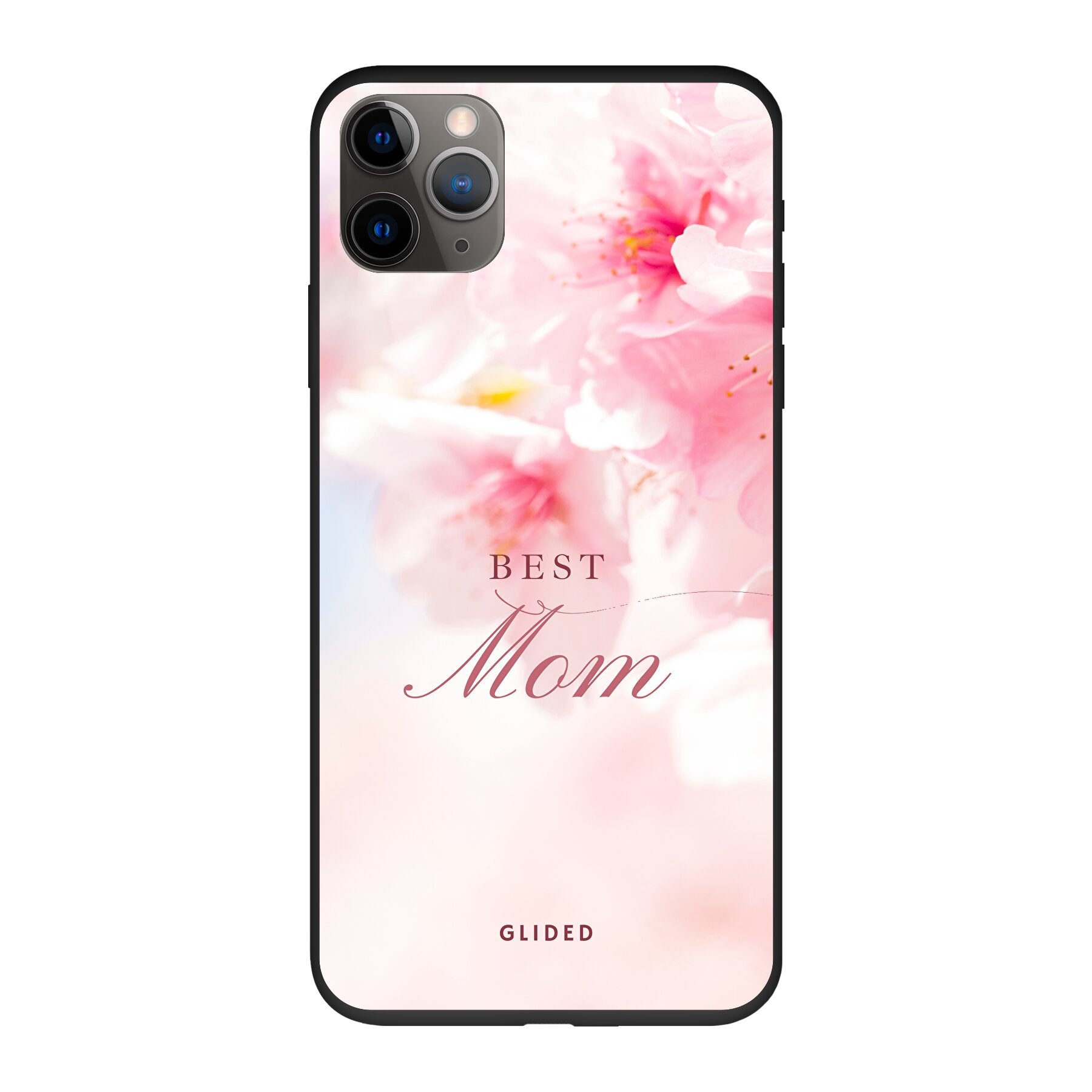 Flower Power iPhone 11 Pro Handyhülle mit rosa Blumen und 'Best Mom'-Aufschrift, ideal für Mütter.