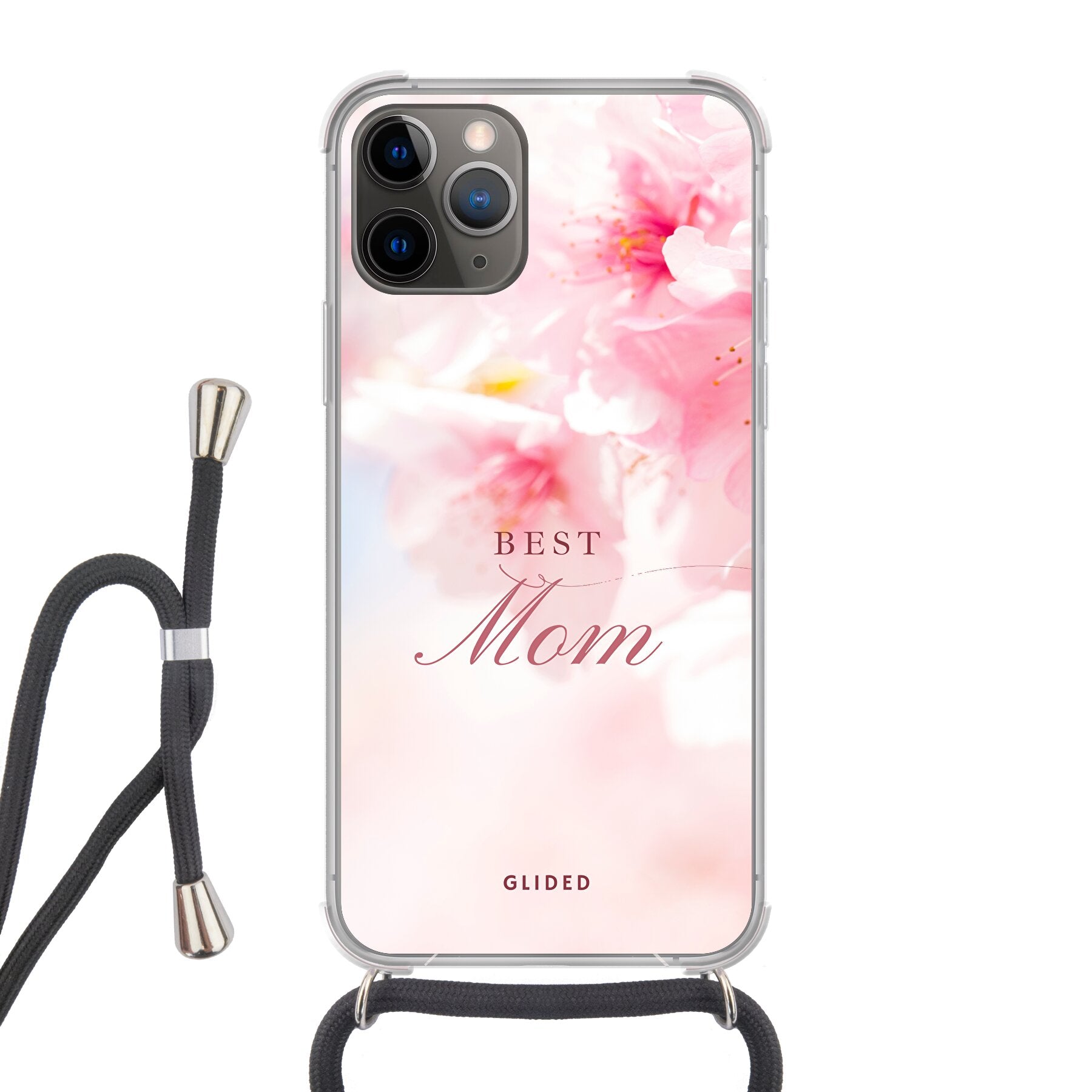 Flower Power iPhone 11 Pro Handyhülle mit rosa Blumen und 'Best Mom'-Aufschrift, ideal für Mütter.