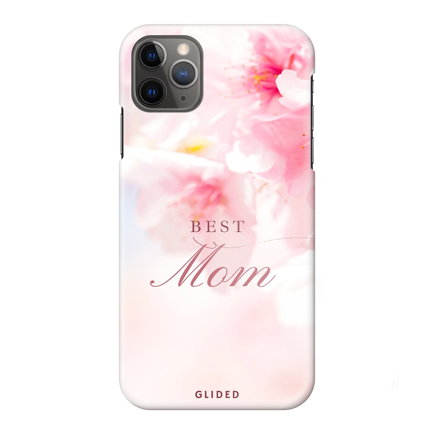 Flower Power iPhone 11 Pro Max Handyhülle mit rosa Blumen und 'Best Mom' Aufschrift, ideal für Mütter.