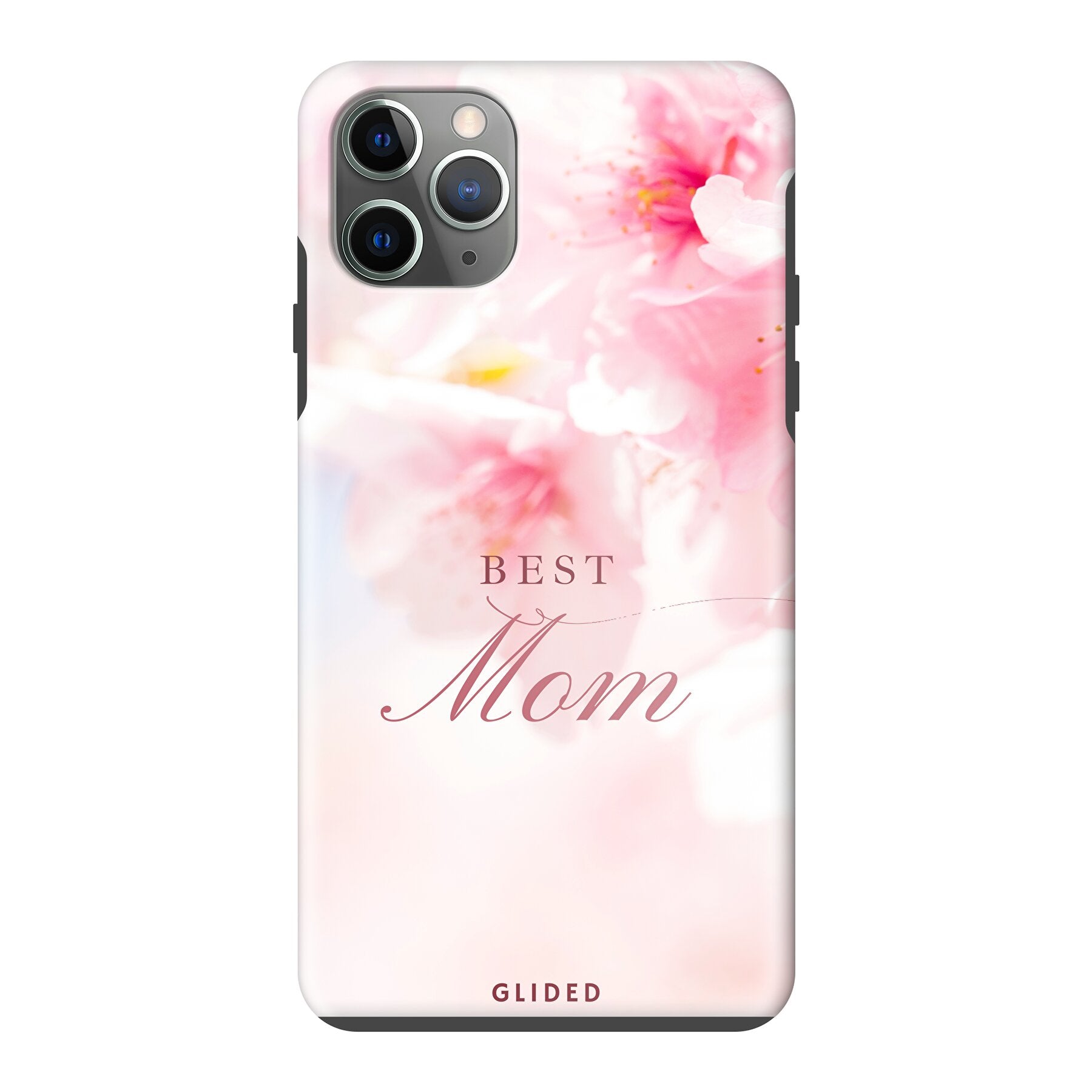 Flower Power iPhone 11 Pro Max Handyhülle mit rosa Blumen und 'Best Mom' Aufschrift, ideal für Mütter.