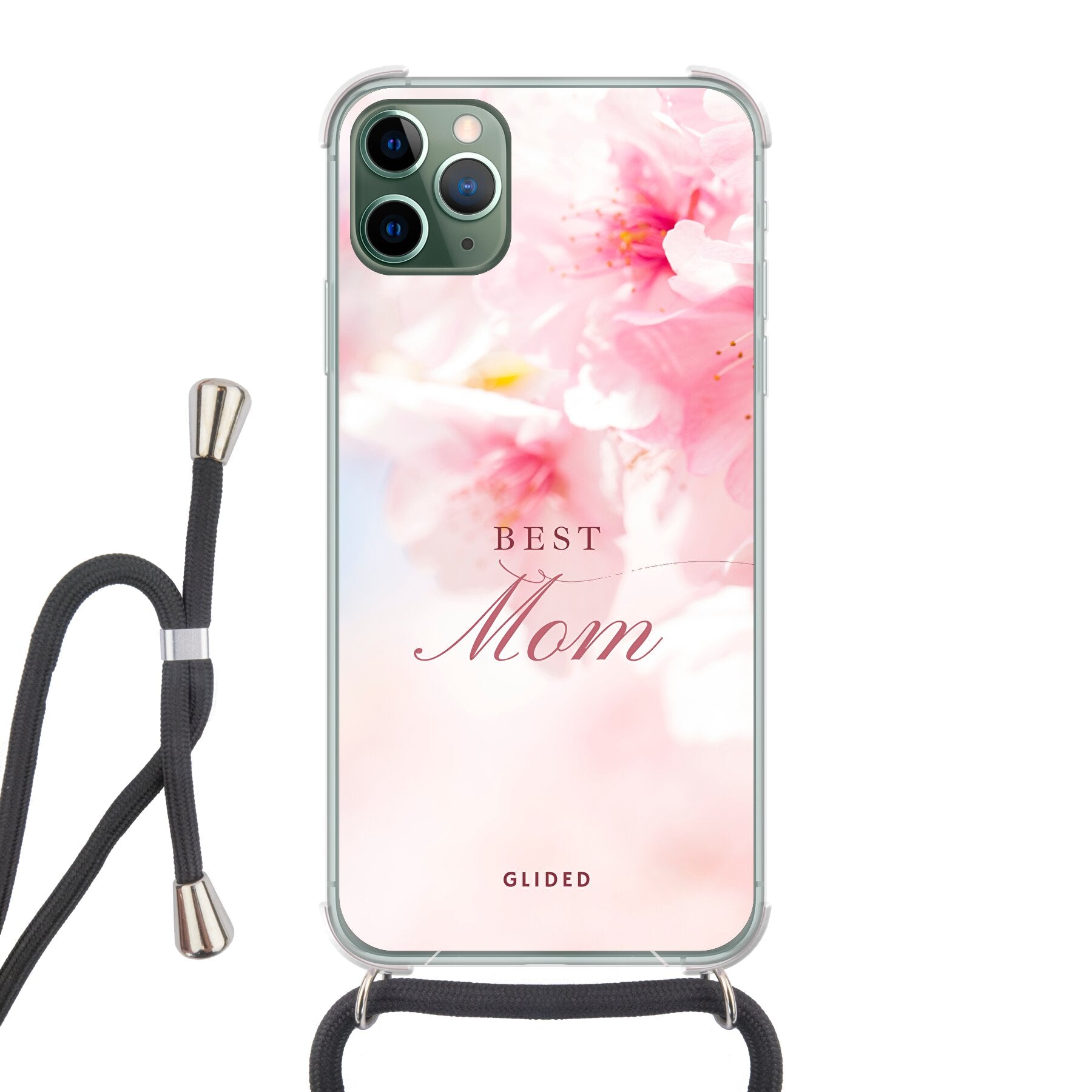 Flower Power iPhone 11 Pro Max Handyhülle mit rosa Blumen und 'Best Mom' Aufschrift, ideal für Mütter.