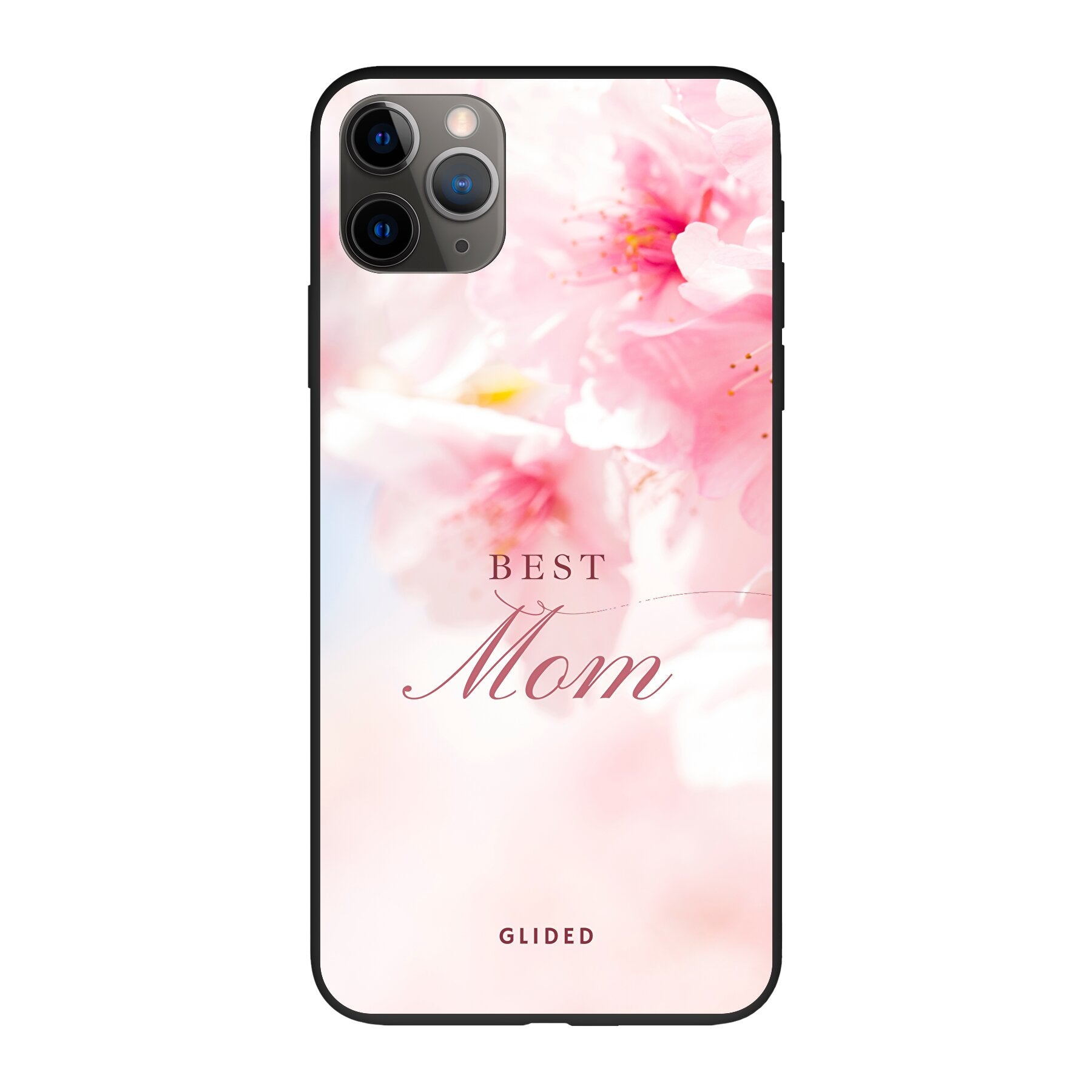 Flower Power iPhone 11 Pro Max Handyhülle mit rosa Blumen und 'Best Mom' Aufschrift, ideal für Mütter.