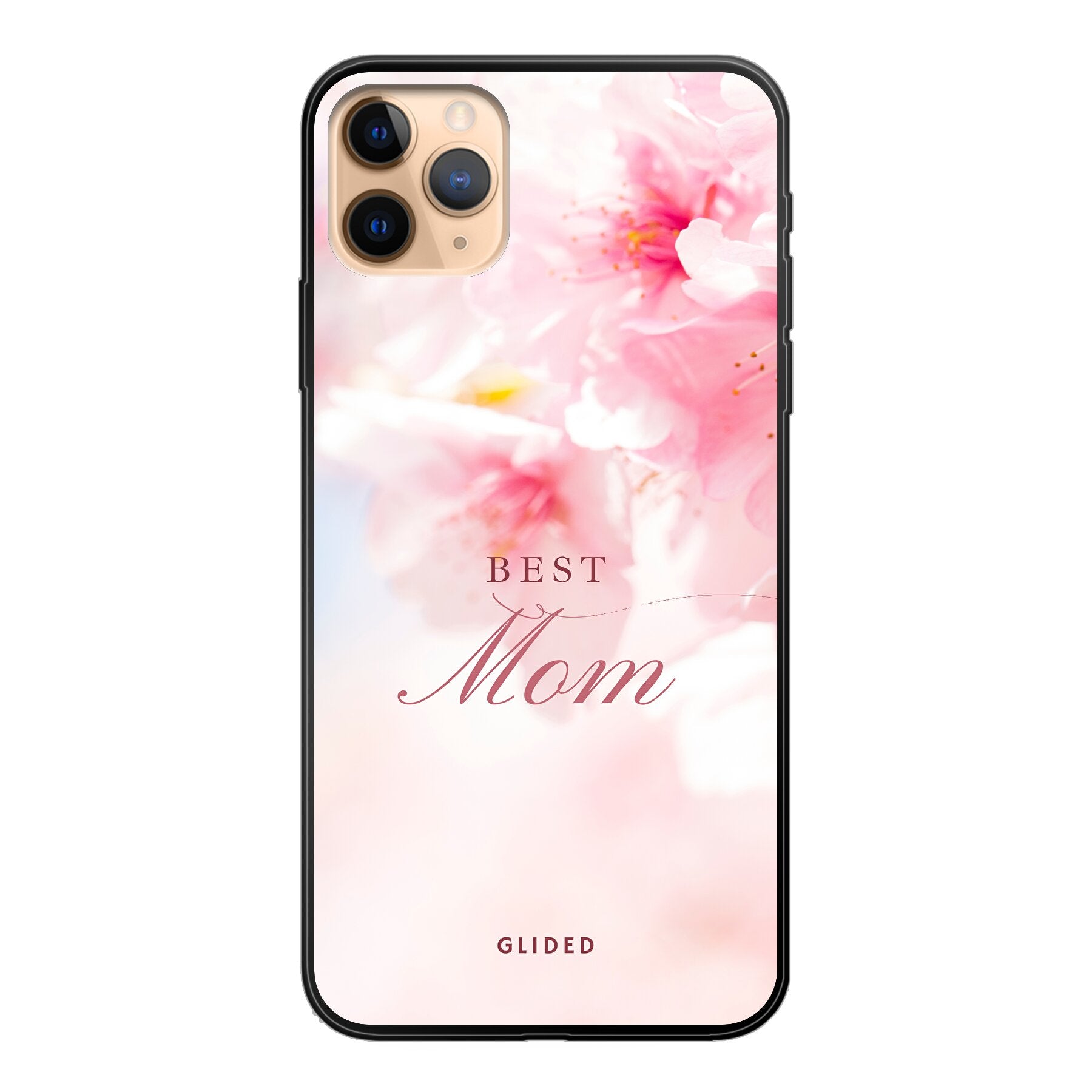 Flower Power iPhone 11 Pro Max Handyhülle mit rosa Blumen und 'Best Mom' Aufschrift, ideal für Mütter.