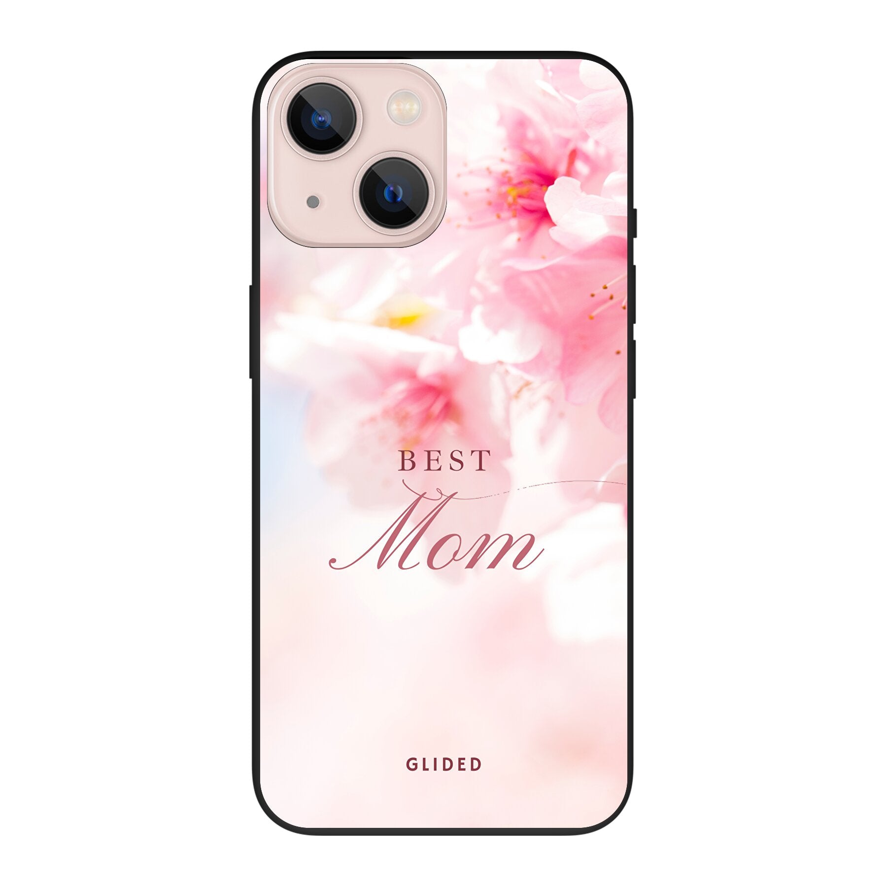 Flower Power iPhone 13 mini Handyhülle mit rosa Blumen und der Aufschrift 'Best Mom', ideal als Geschenk für Mütter.