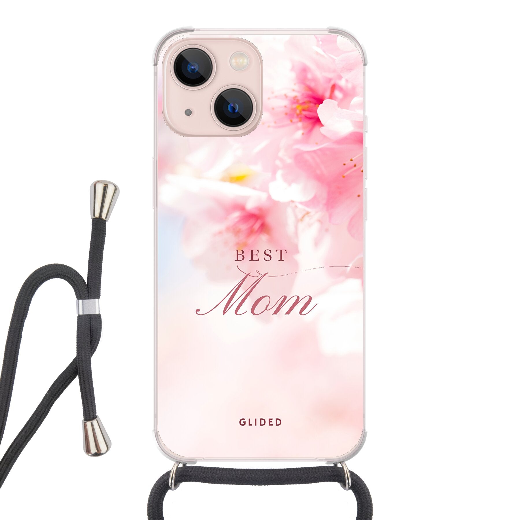 Flower Power iPhone 13 mini Handyhülle mit rosa Blumen und der Aufschrift 'Best Mom', ideal als Geschenk für Mütter.