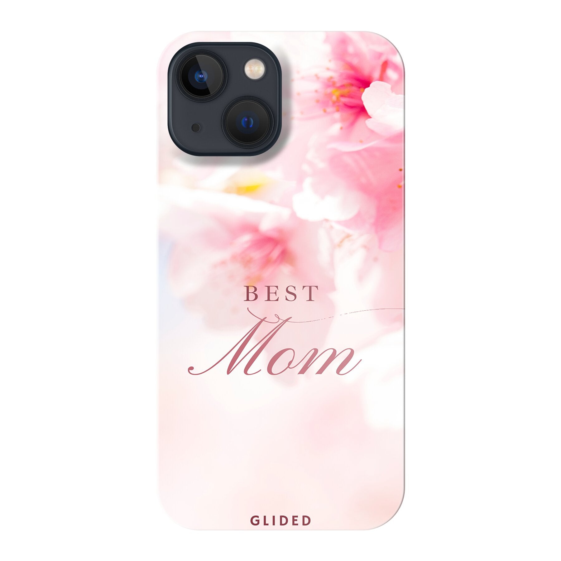 Flower Power iPhone 13 mini Handyhülle mit rosa Blumen und der Aufschrift 'Best Mom', ideal als Geschenk für Mütter.