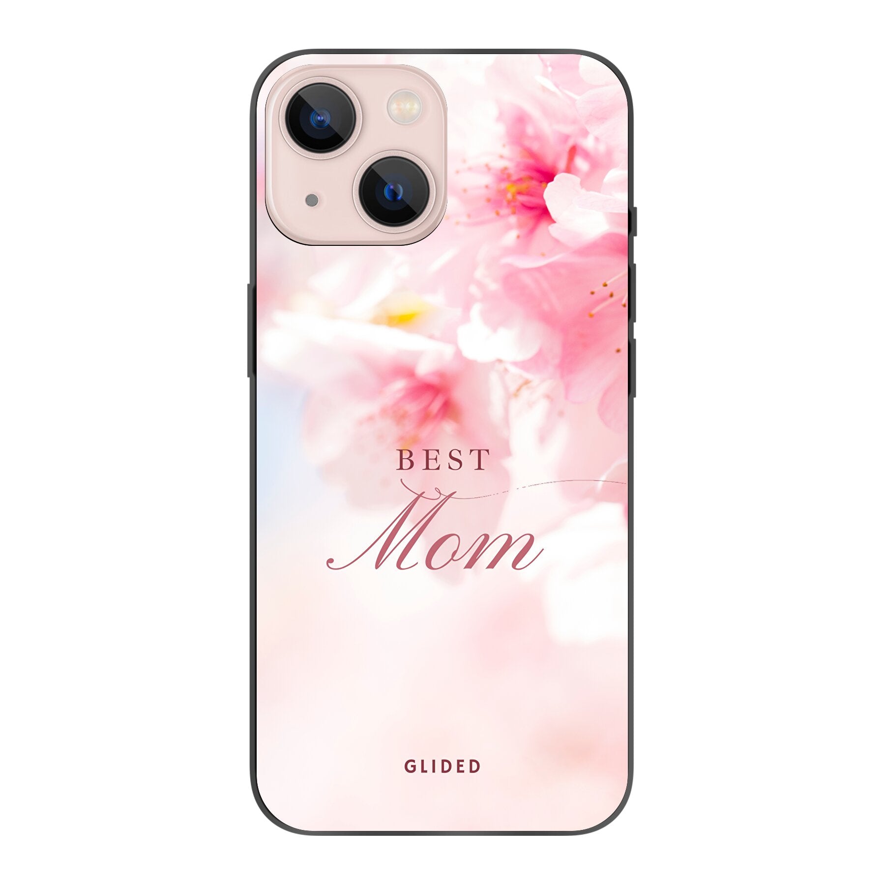 Flower Power iPhone 13 mini Handyhülle mit rosa Blumen und der Aufschrift 'Best Mom', ideal als Geschenk für Mütter.