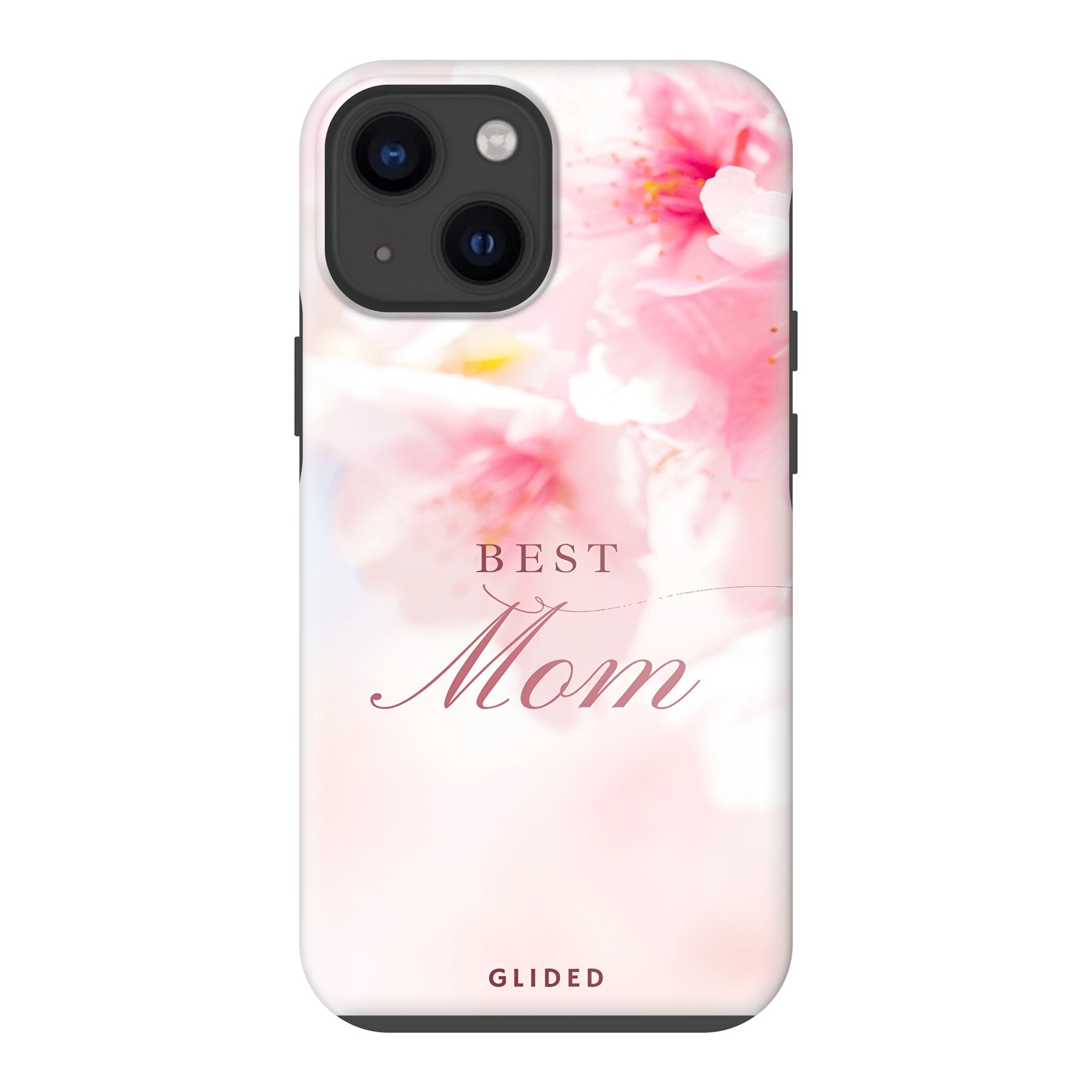 Flower Power iPhone 13 mini Handyhülle mit rosa Blumen und der Aufschrift 'Best Mom', ideal als Geschenk für Mütter.