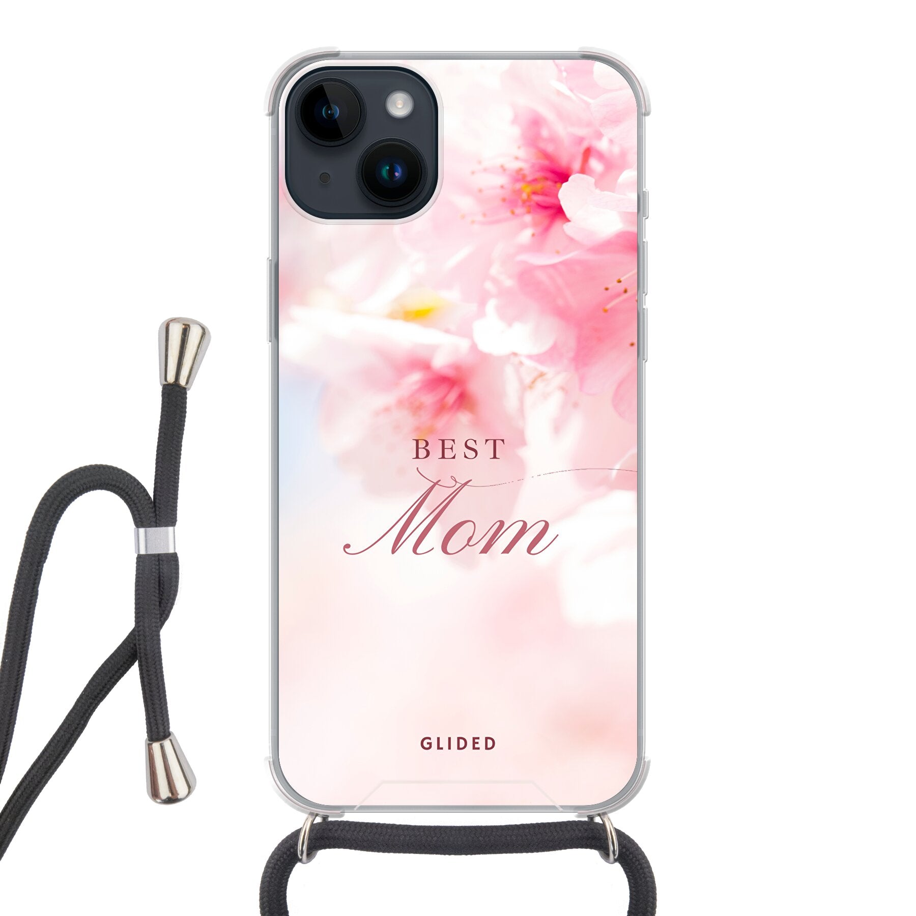 Flower Power iPhone 14 Plus Handyhülle mit rosa Blumen und 'Best Mom'-Aufschrift, ideal für Mütter.