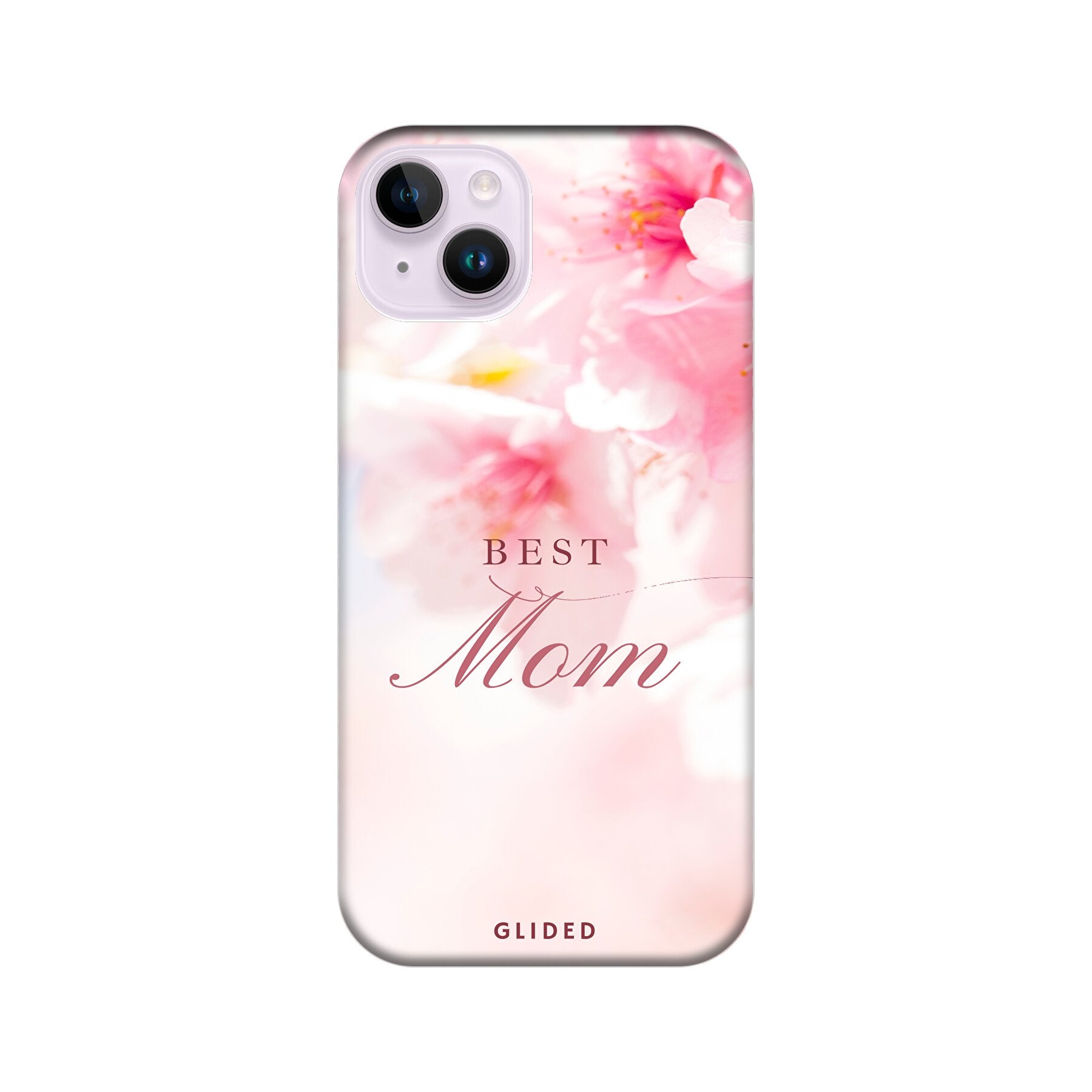 Flower Power iPhone 14 Plus Handyhülle mit rosa Blumen und 'Best Mom'-Aufschrift, ideal für Mütter.