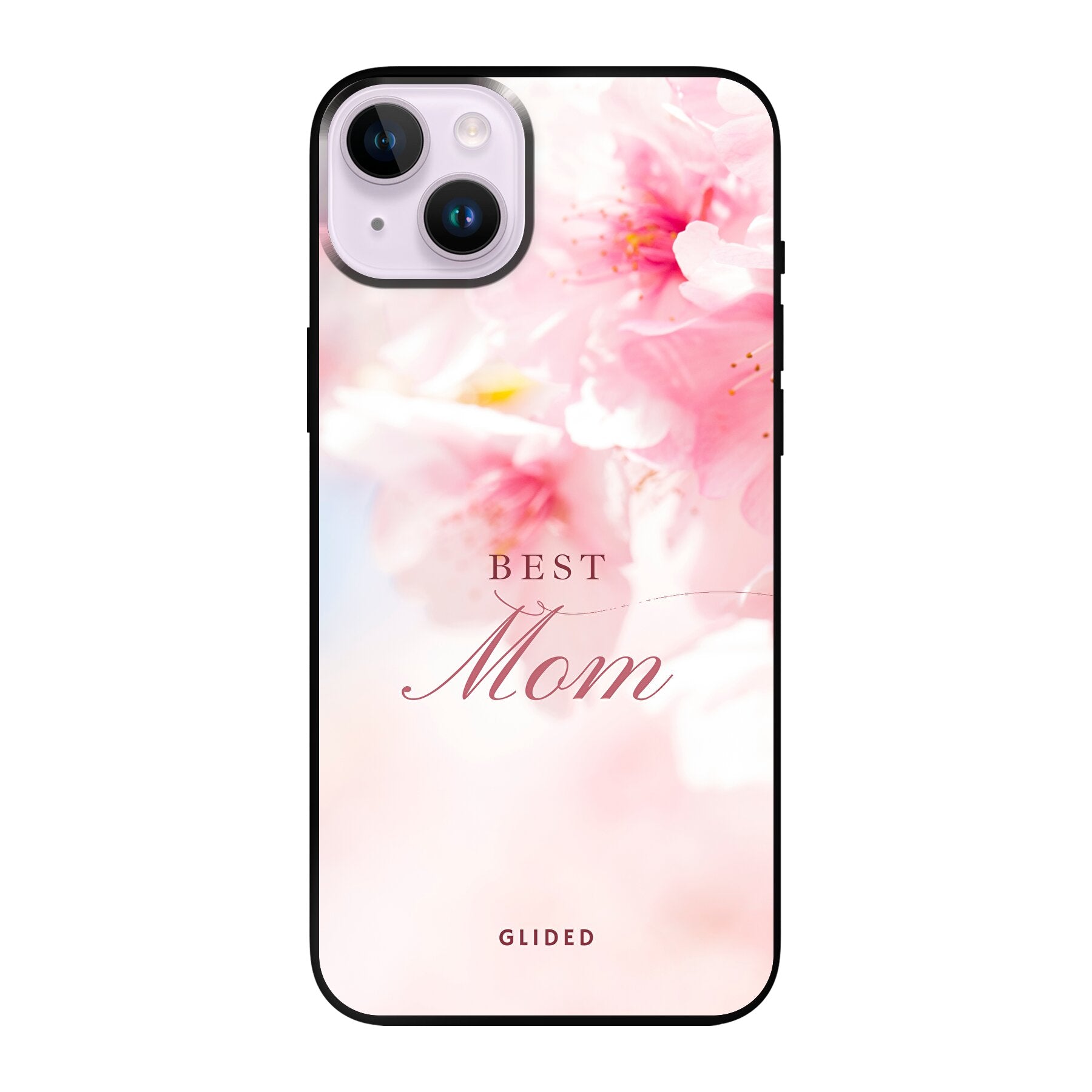 Flower Power iPhone 14 Plus Handyhülle mit rosa Blumen und 'Best Mom'-Aufschrift, ideal für Mütter.