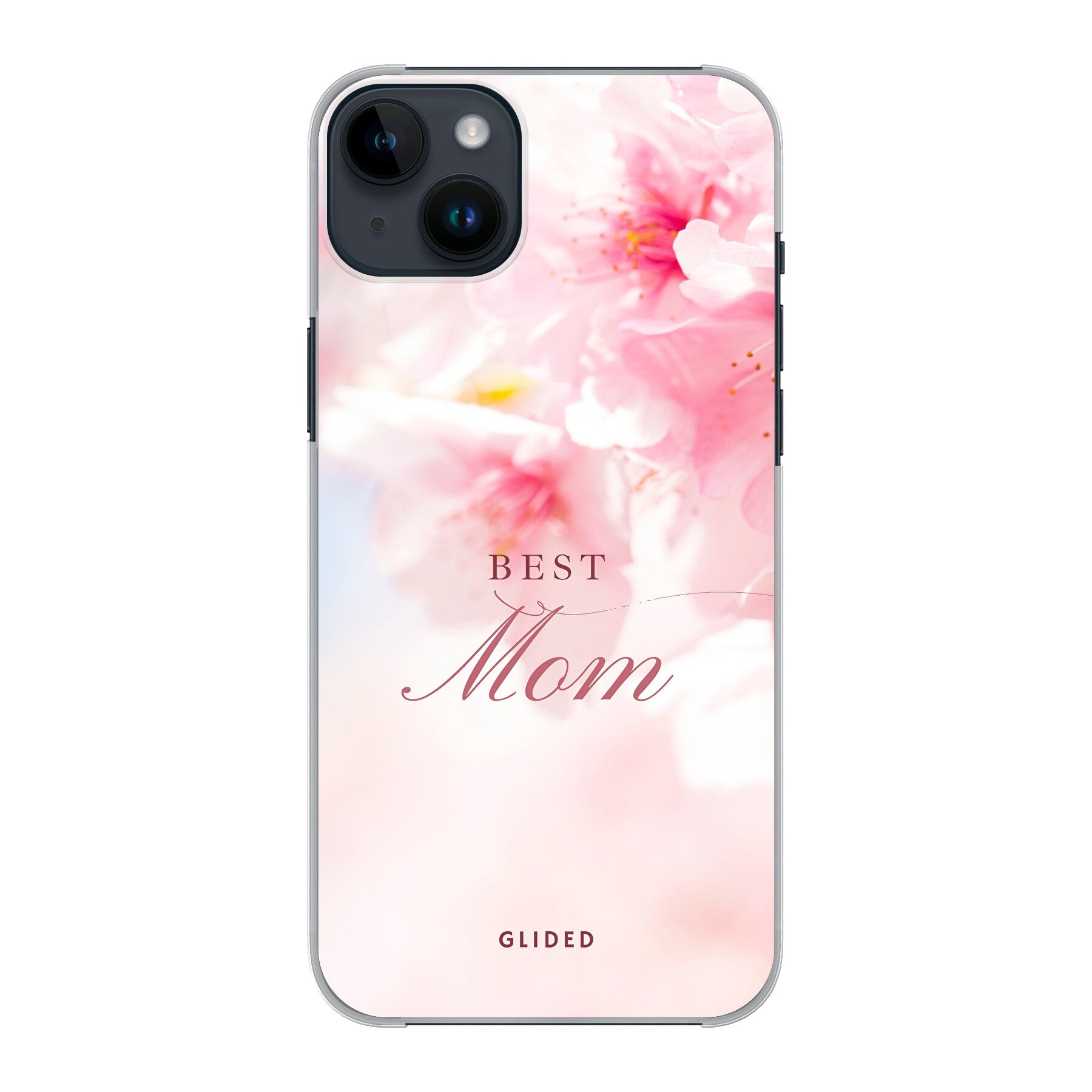 Flower Power iPhone 14 Plus Handyhülle mit rosa Blumen und 'Best Mom'-Aufschrift, ideal für Mütter.