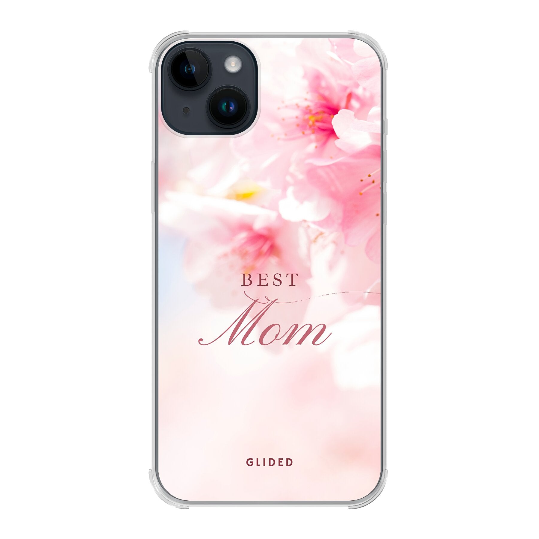 Flower Power iPhone 14 Plus Handyhülle mit rosa Blumen und 'Best Mom'-Aufschrift, ideal für Mütter.