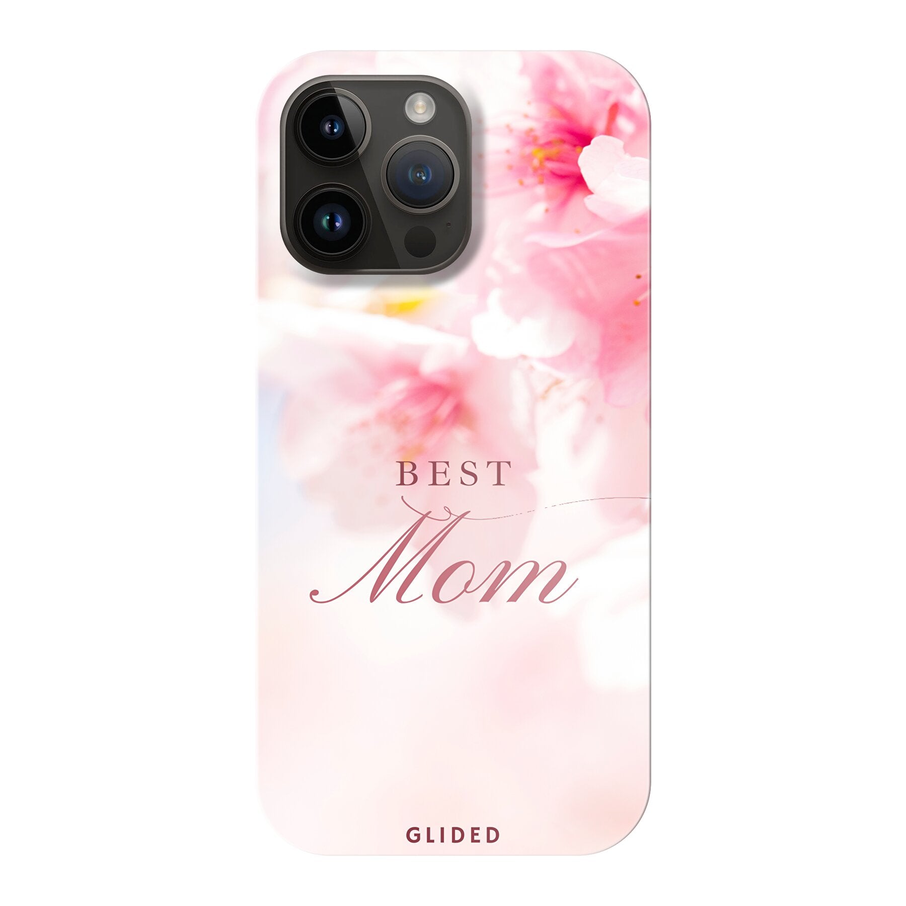 Flower Power iPhone 14 Pro Max Handyhülle mit rosa Blumen und 'Best Mom' Aufschrift, stilvoll und schützend.