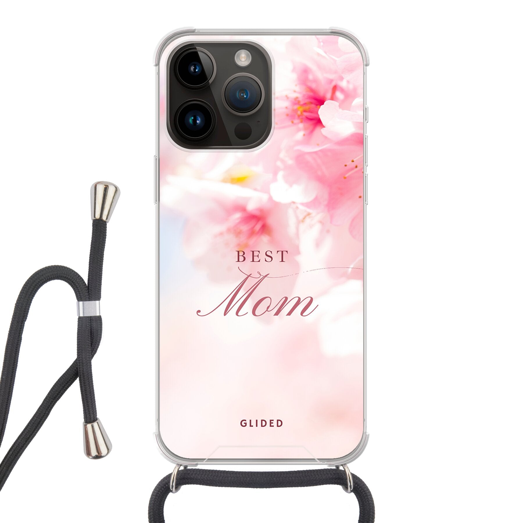 Flower Power iPhone 14 Pro Max Handyhülle mit rosa Blumen und 'Best Mom' Aufschrift, stilvoll und schützend.