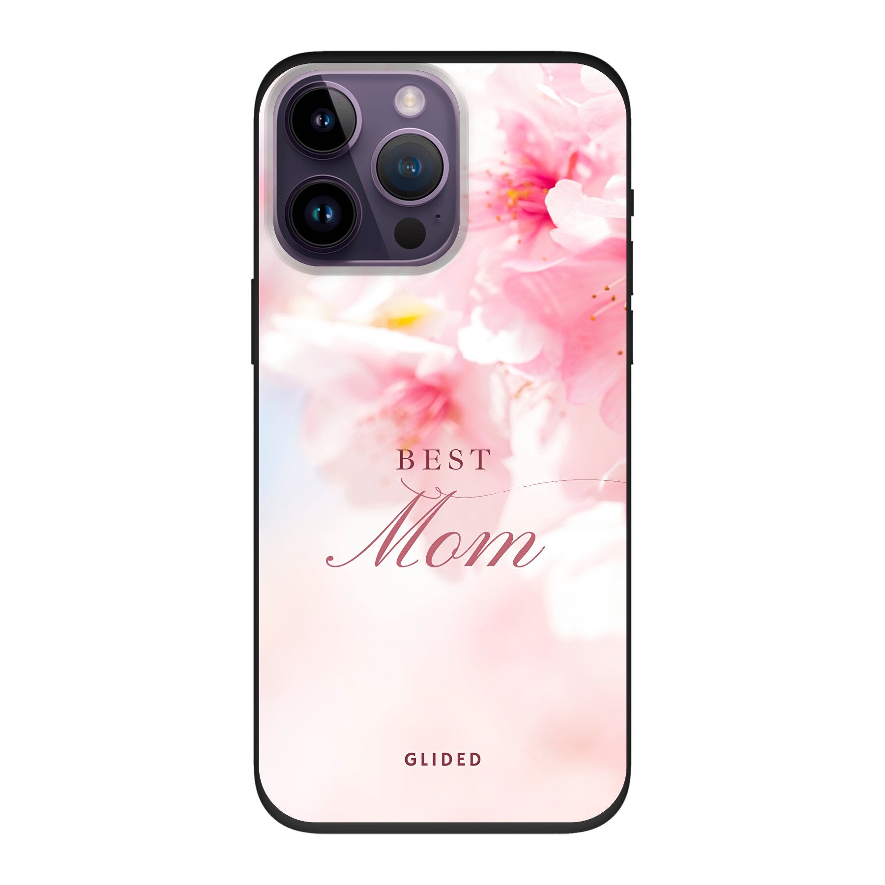 Flower Power iPhone 14 Pro Max Handyhülle mit rosa Blumen und 'Best Mom' Aufschrift, stilvoll und schützend.