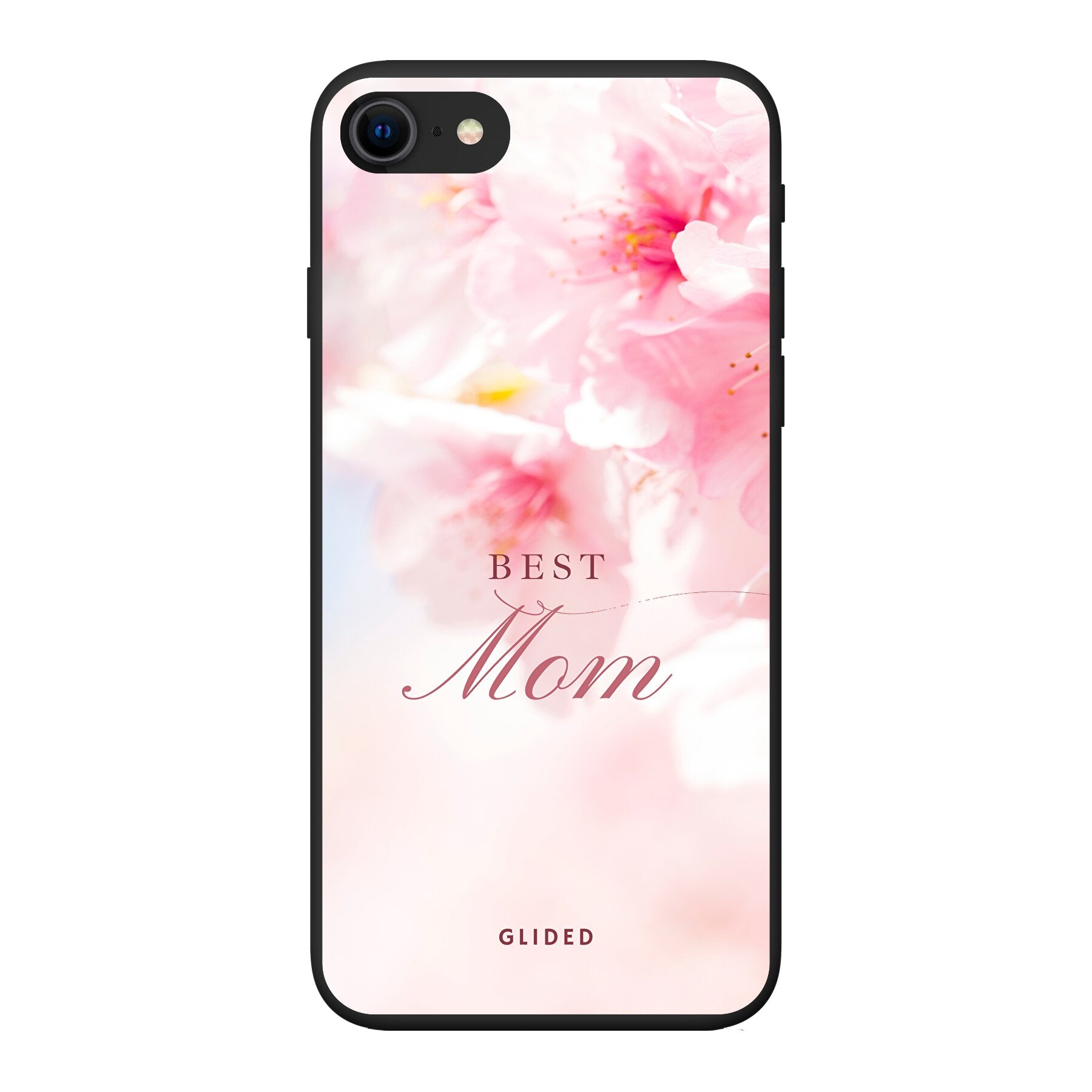 Flower Power iPhone 8 Handyhülle mit rosa Blumen und 'Best Mom'-Aufschrift, ideal für Mütter.