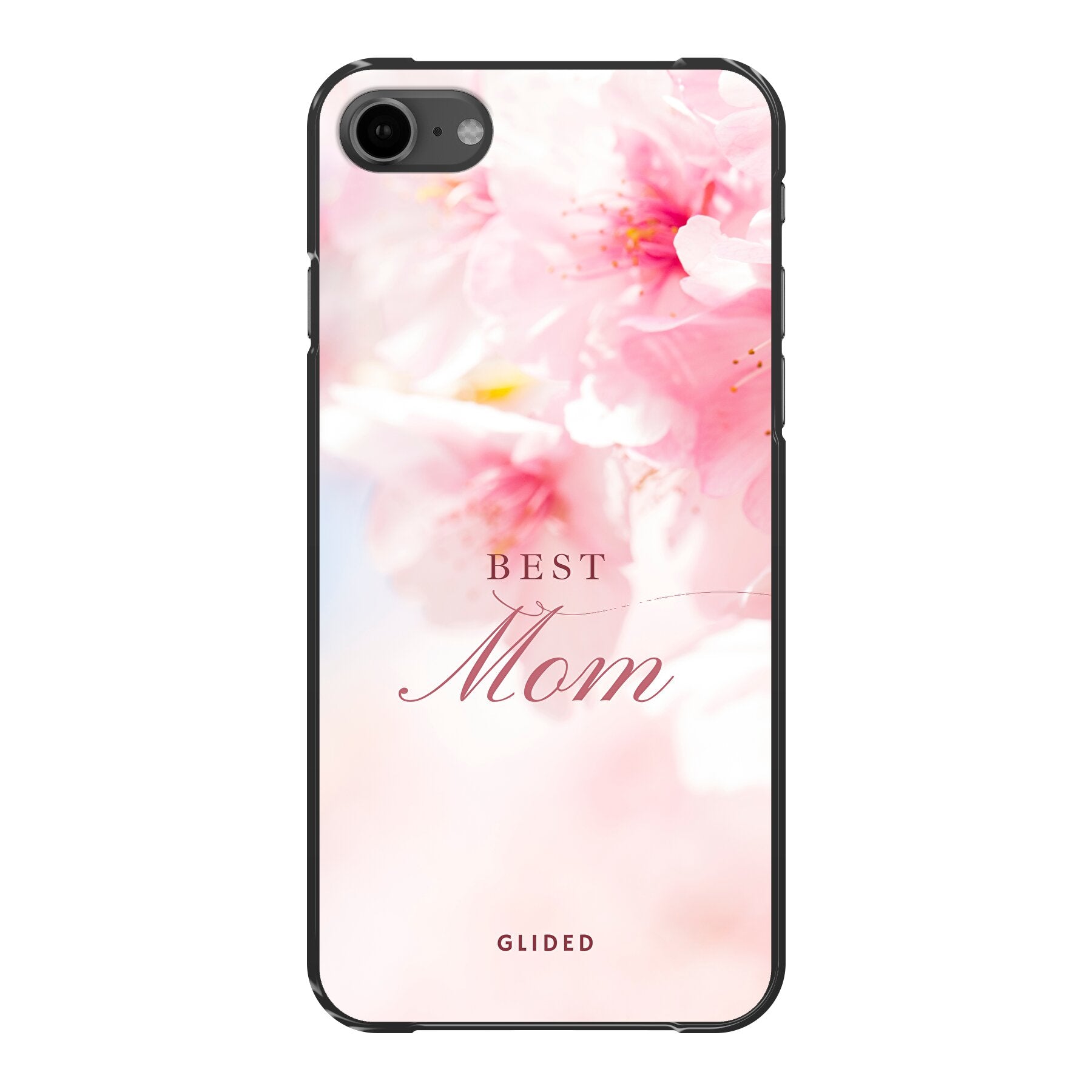 Flower Power iPhone 8 Handyhülle mit rosa Blumen und 'Best Mom'-Aufschrift, ideal für Mütter.