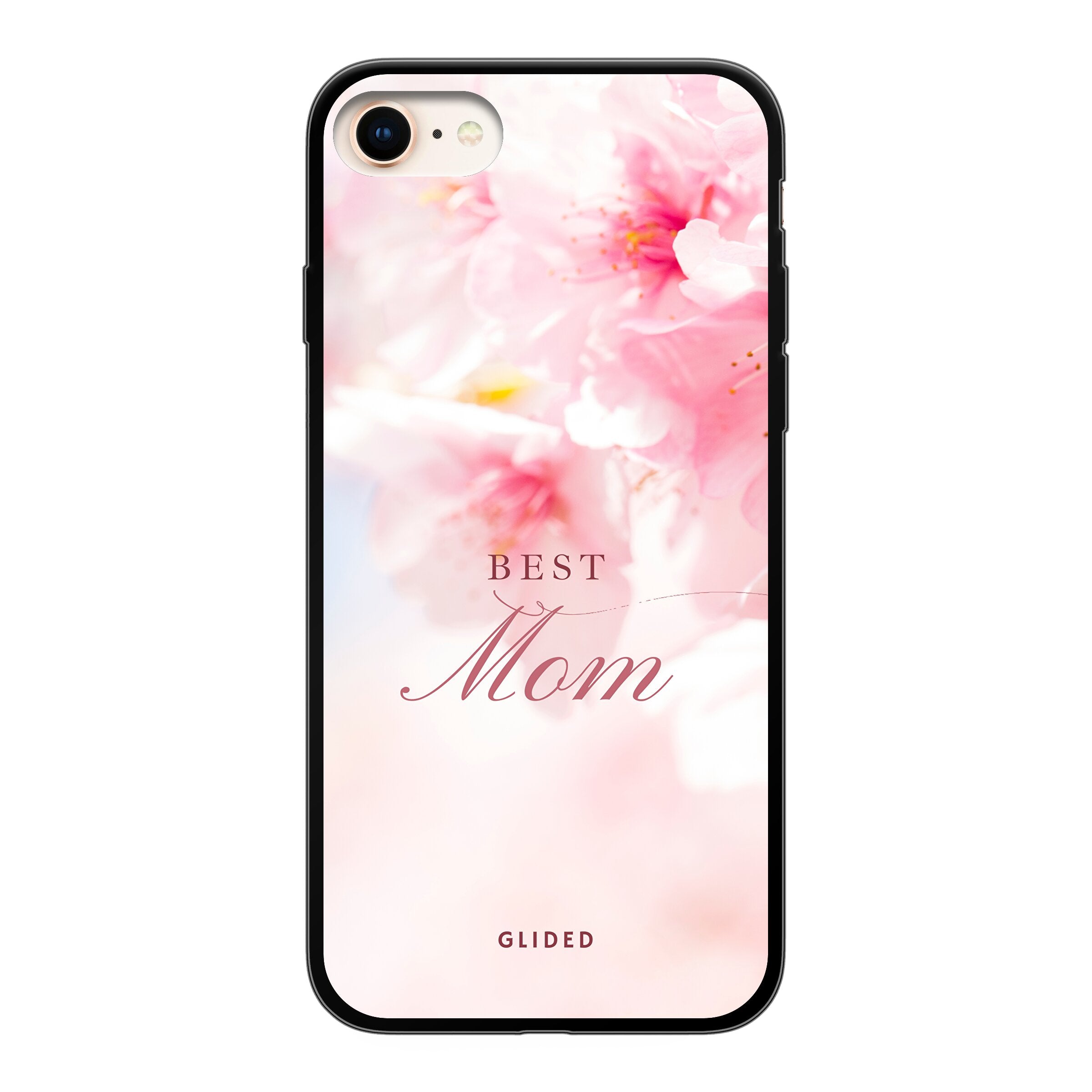 Flower Power iPhone 8 Handyhülle mit rosa Blumen und 'Best Mom'-Aufschrift, ideal für Mütter.