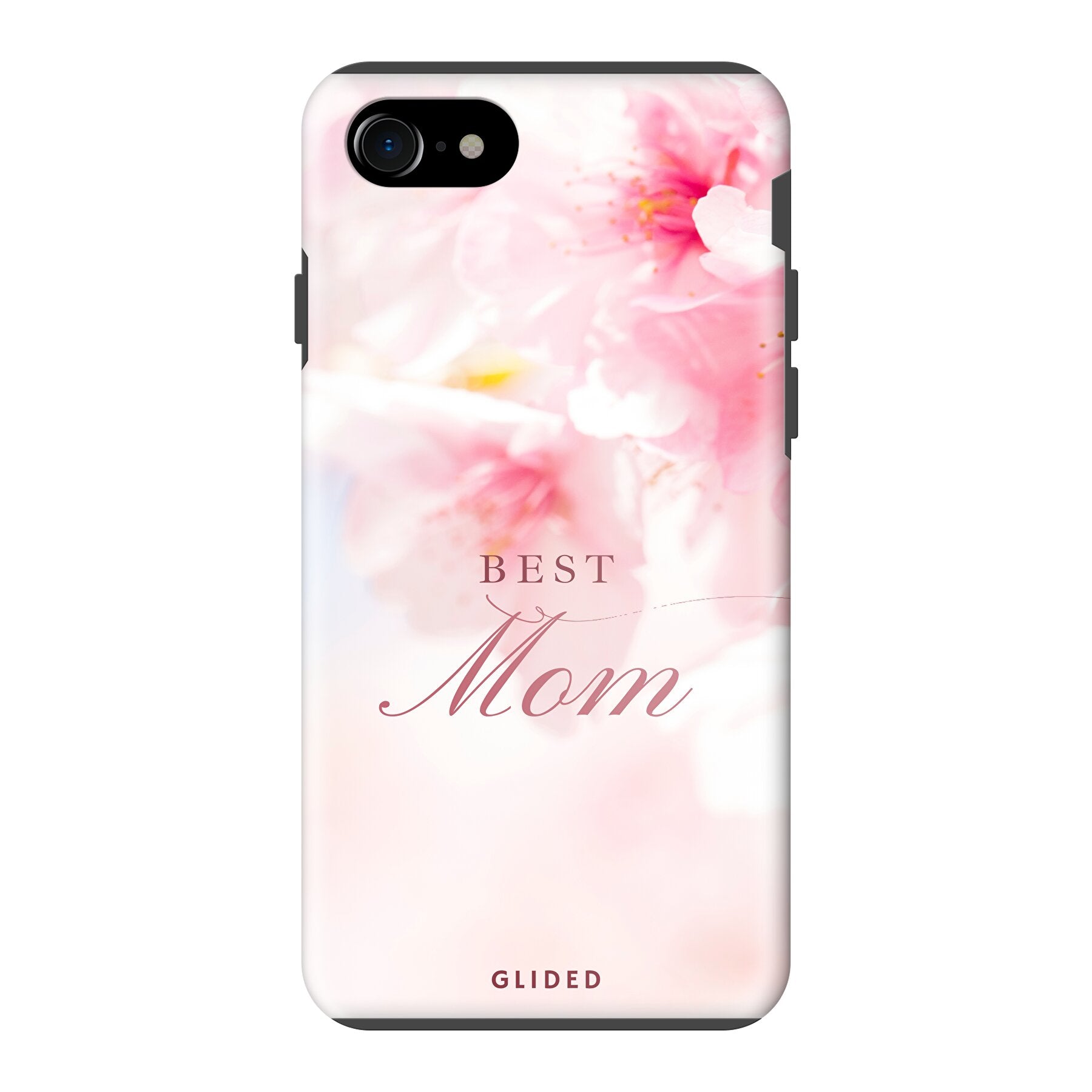 Flower Power iPhone 8 Handyhülle mit rosa Blumen und 'Best Mom'-Aufschrift, ideal für Mütter.