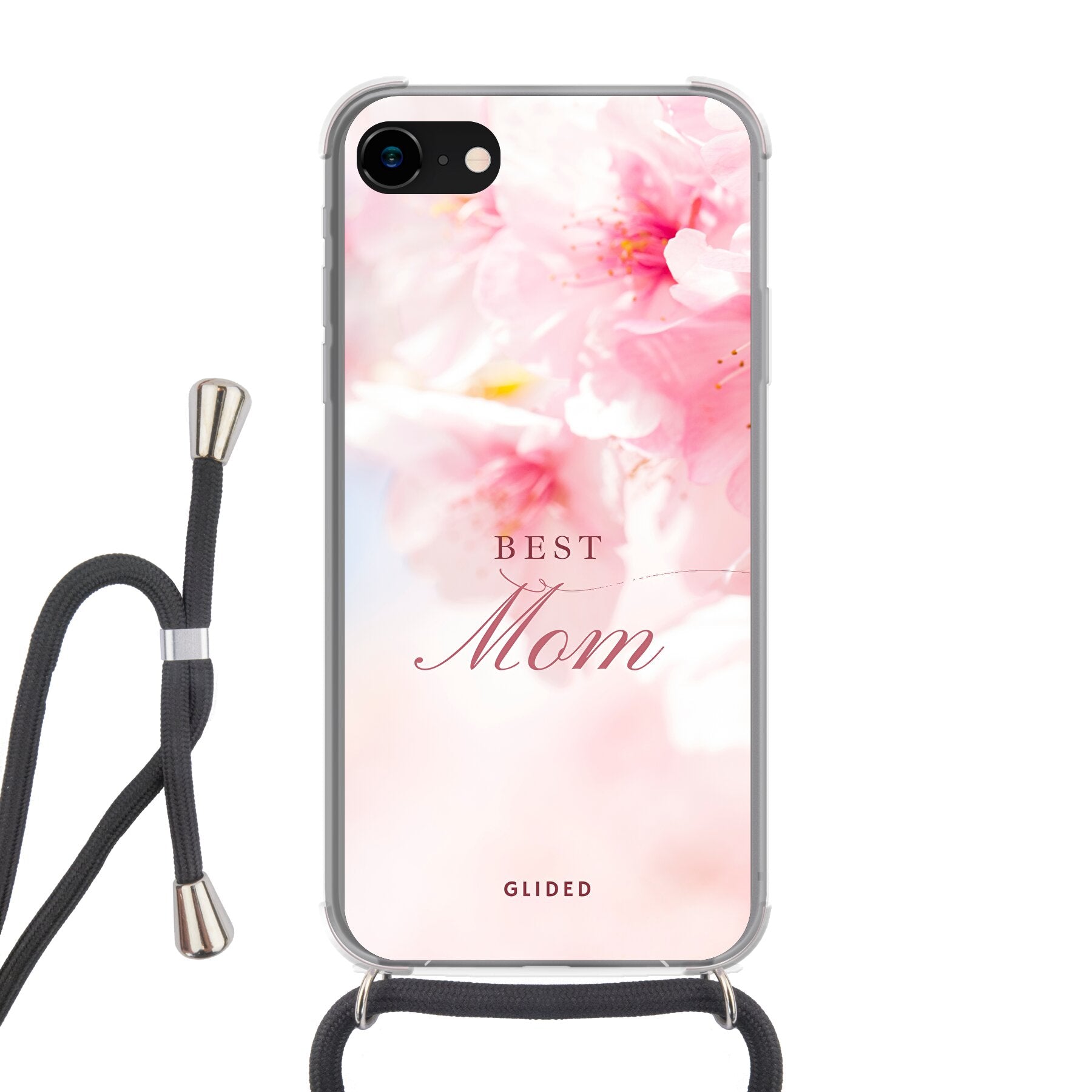 Flower Power iPhone 8 Handyhülle mit rosa Blumen und 'Best Mom'-Aufschrift, ideal für Mütter.