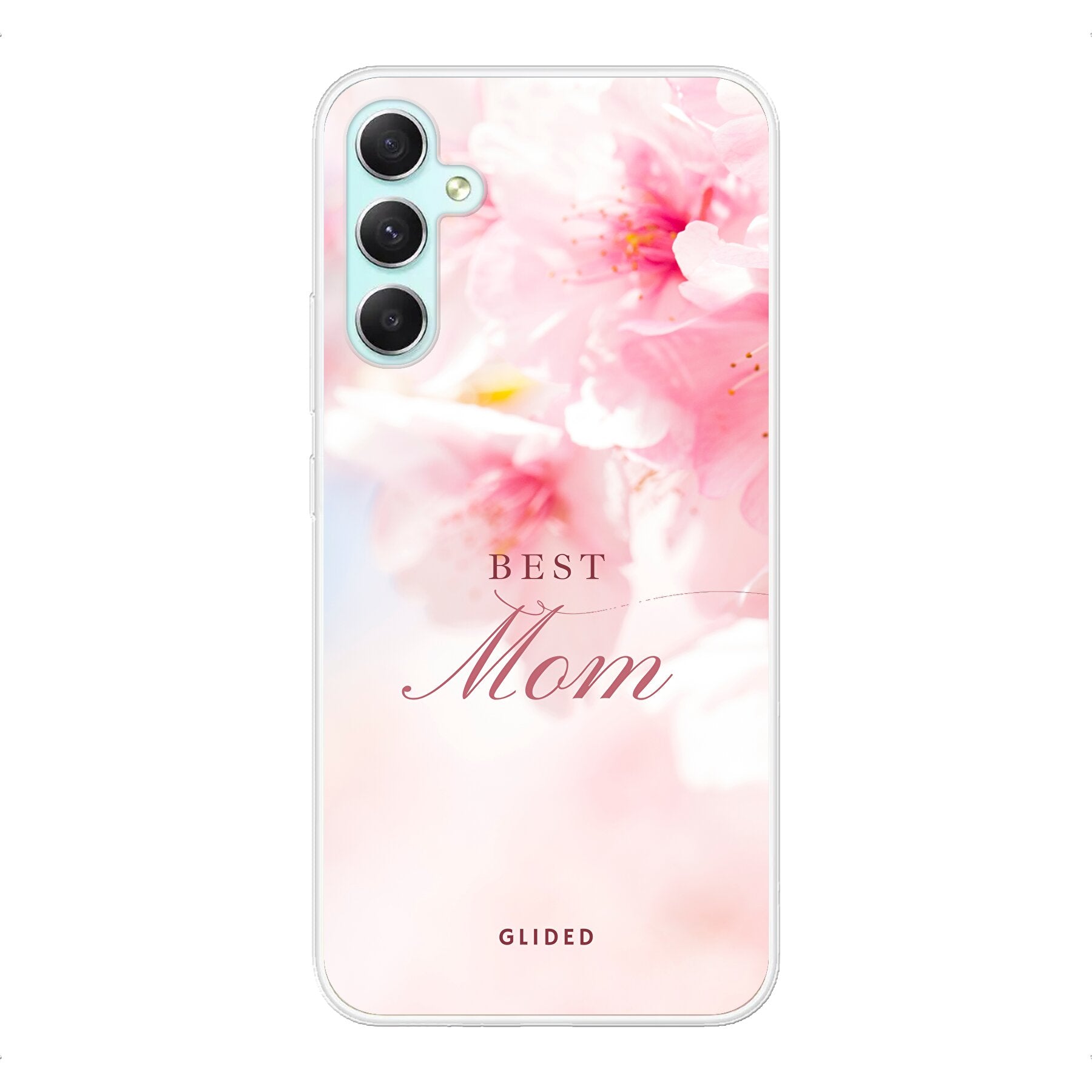 Flower Power Handyhülle für Samsung Galaxy A34 mit rosa Blumen und der Aufschrift 'Best Mom', ideal als Geschenk für Mütter.