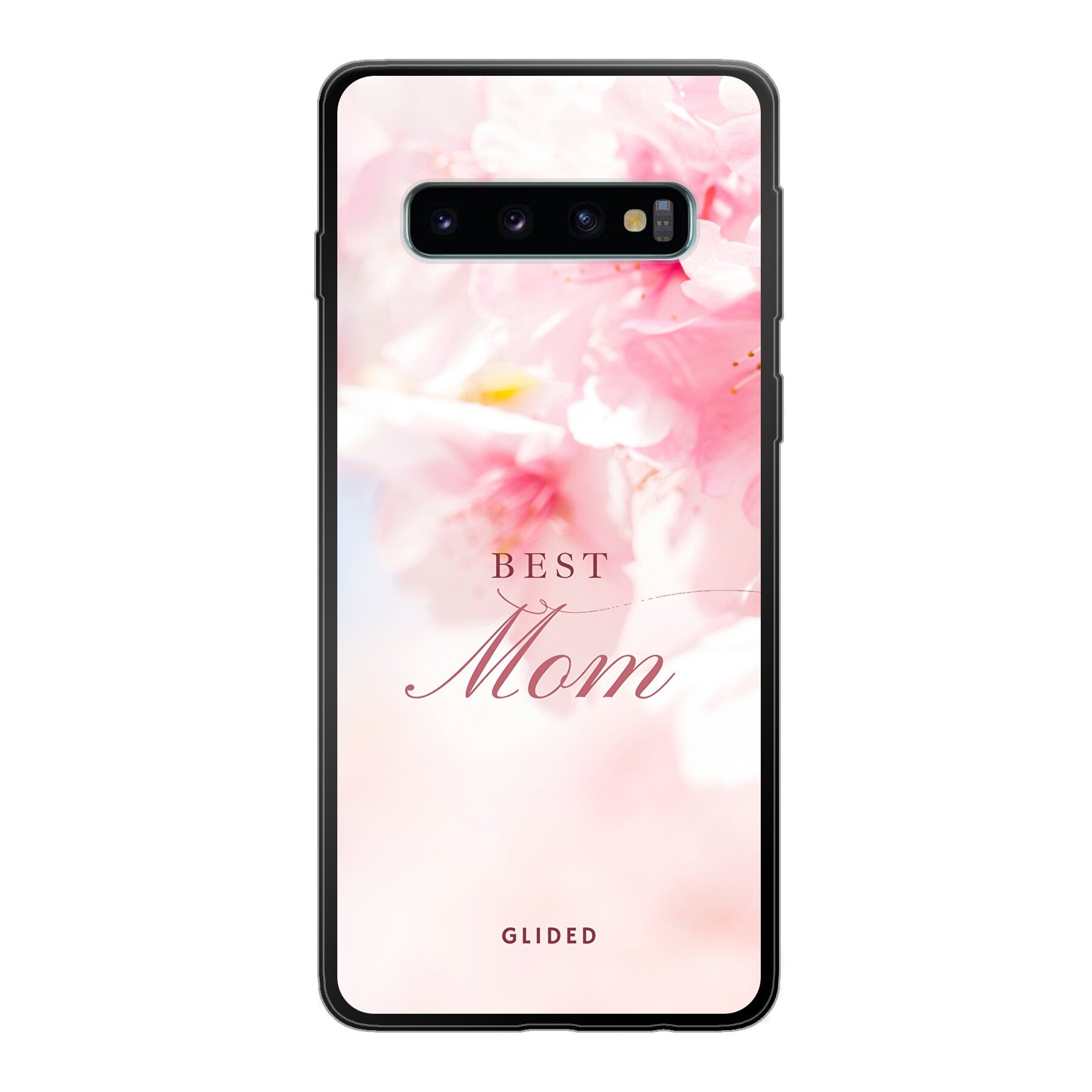 Flower Power Handyhülle für Samsung Galaxy S10 mit rosa Blumen und 'Best Mom' Aufschrift, ideal als Geschenk für Mütter.