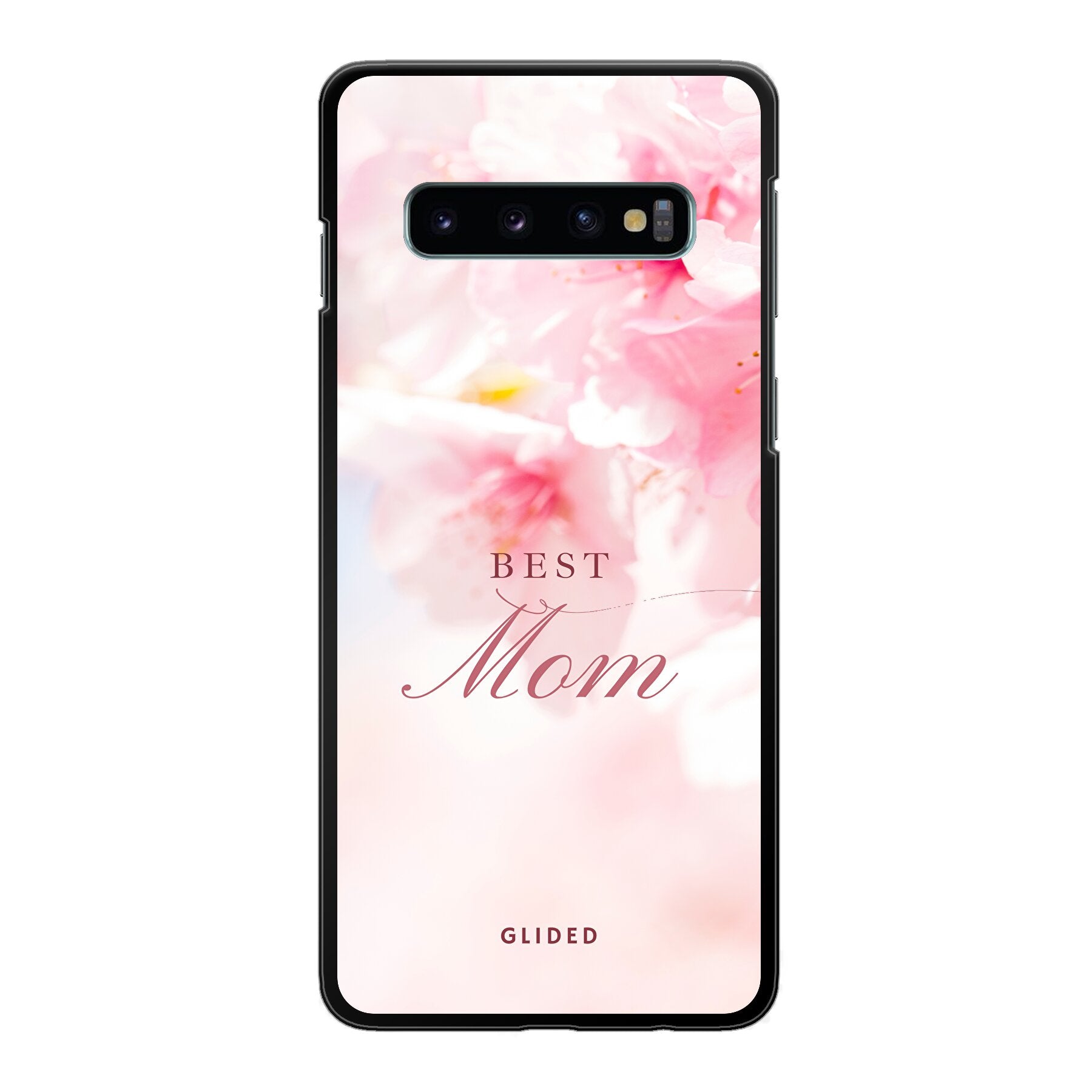 Flower Power Handyhülle für Samsung Galaxy S10 mit rosa Blumen und 'Best Mom' Aufschrift, ideal als Geschenk für Mütter.