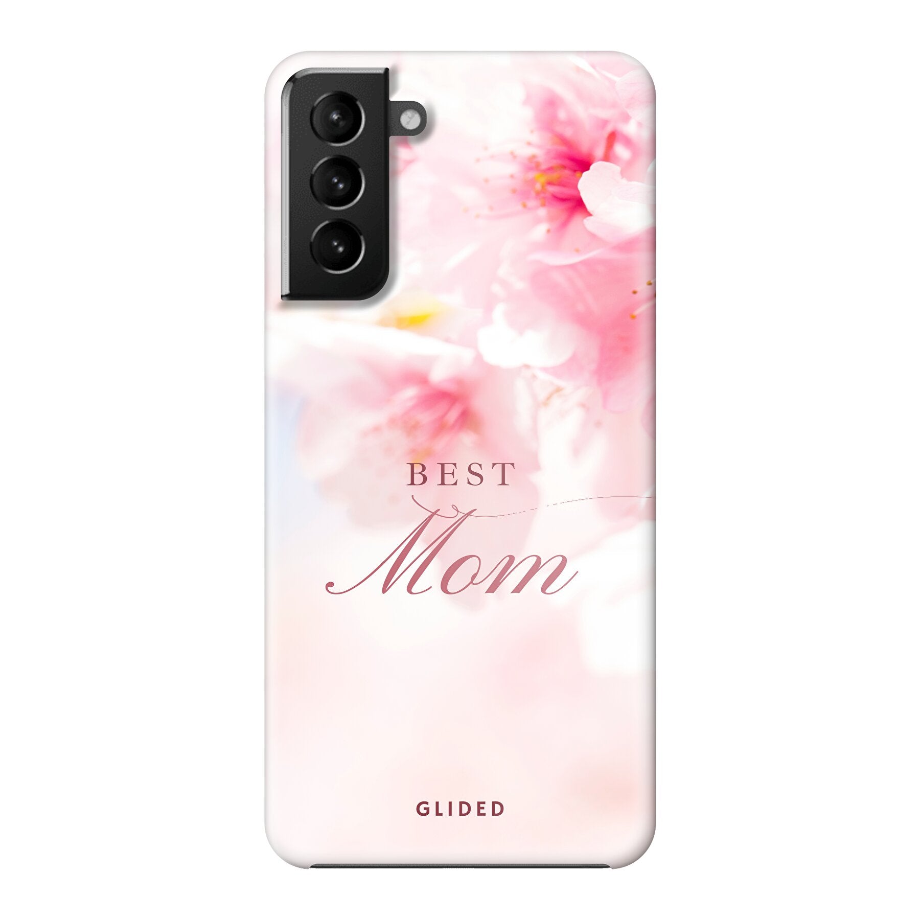 Flower Power Handyhülle für Samsung Galaxy S21 Plus 5G mit rosa Blumen und der Aufschrift 'Best Mom', ideal als Geschenk für Mütter.