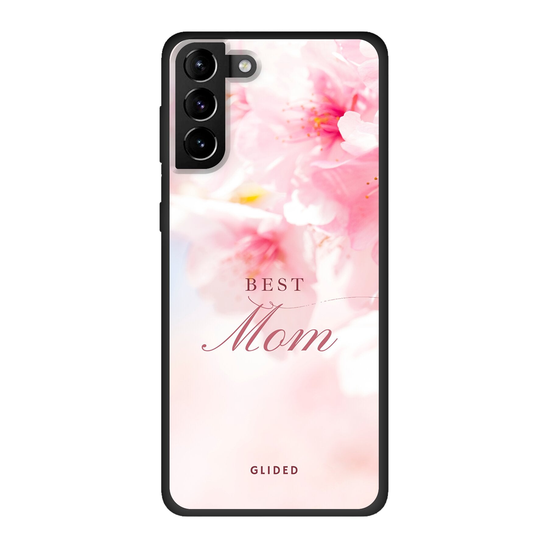 Flower Power Handyhülle für Samsung Galaxy S21 Plus 5G mit rosa Blumen und der Aufschrift 'Best Mom', ideal als Geschenk für Mütter.