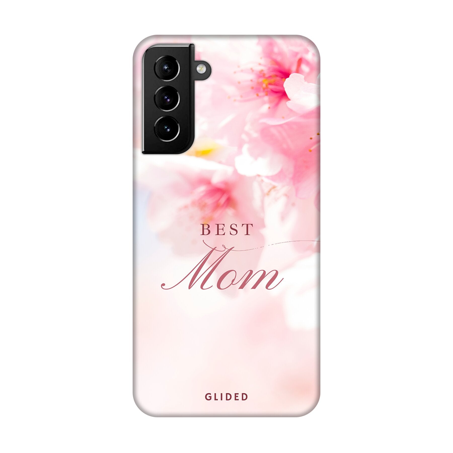 Flower Power Handyhülle für Samsung Galaxy S21 Plus 5G mit rosa Blumen und der Aufschrift 'Best Mom', ideal als Geschenk für Mütter.