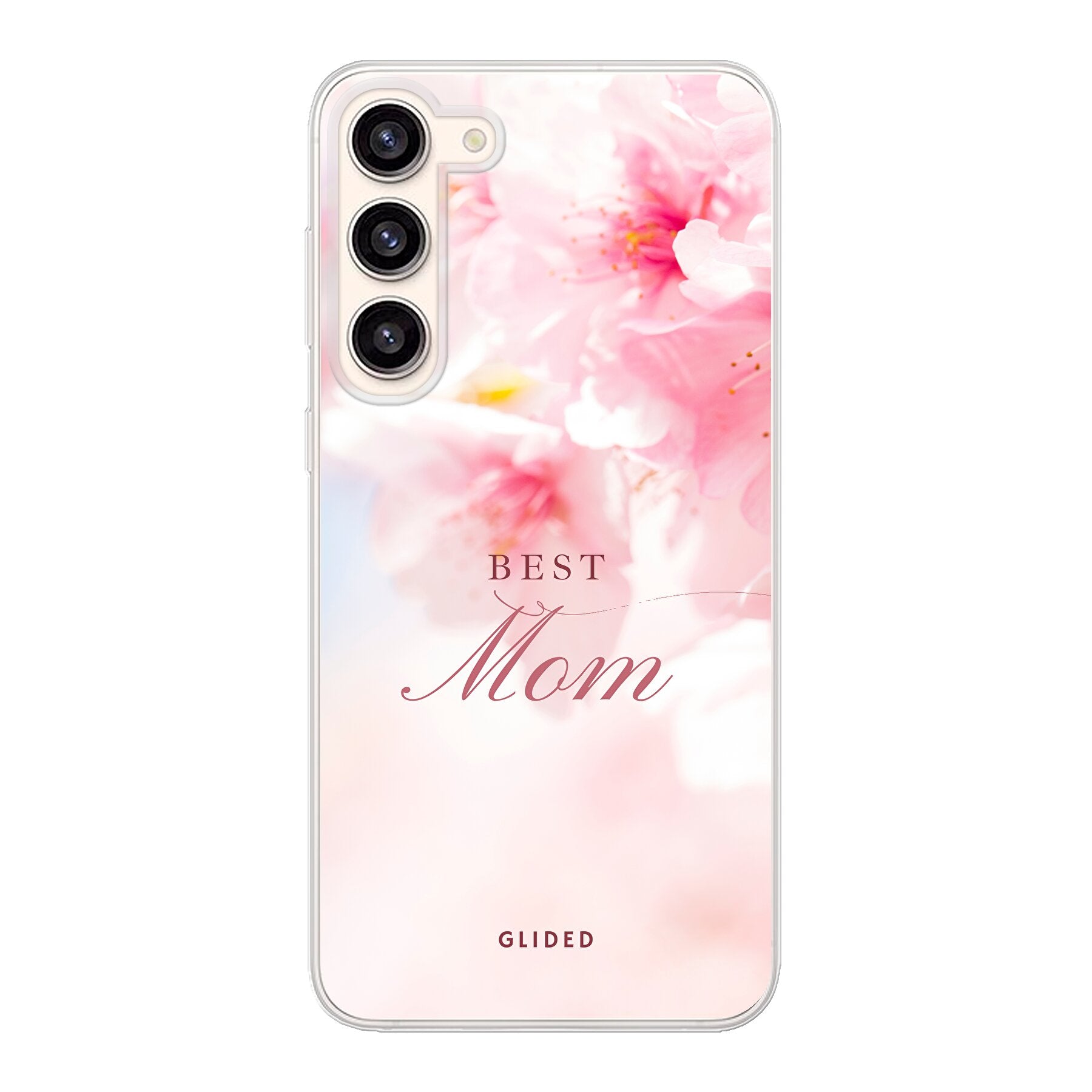 Flower Power Handyhülle für Samsung Galaxy S23 Plus mit rosa Blumen und der Aufschrift 'Best Mom', ideal als Geschenk für Mütter.