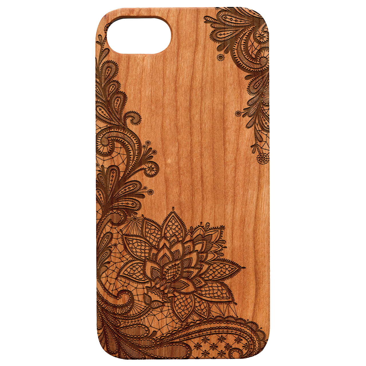 Engraved wooden phone case featuring a floral design, showcasing its natural wood texture and elegant craftsmanship.