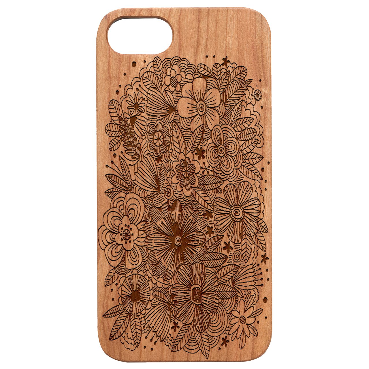 Flowers Lines - Engraved wooden phone case showcasing intricate laser-engraved floral designs on a natural wood surface.