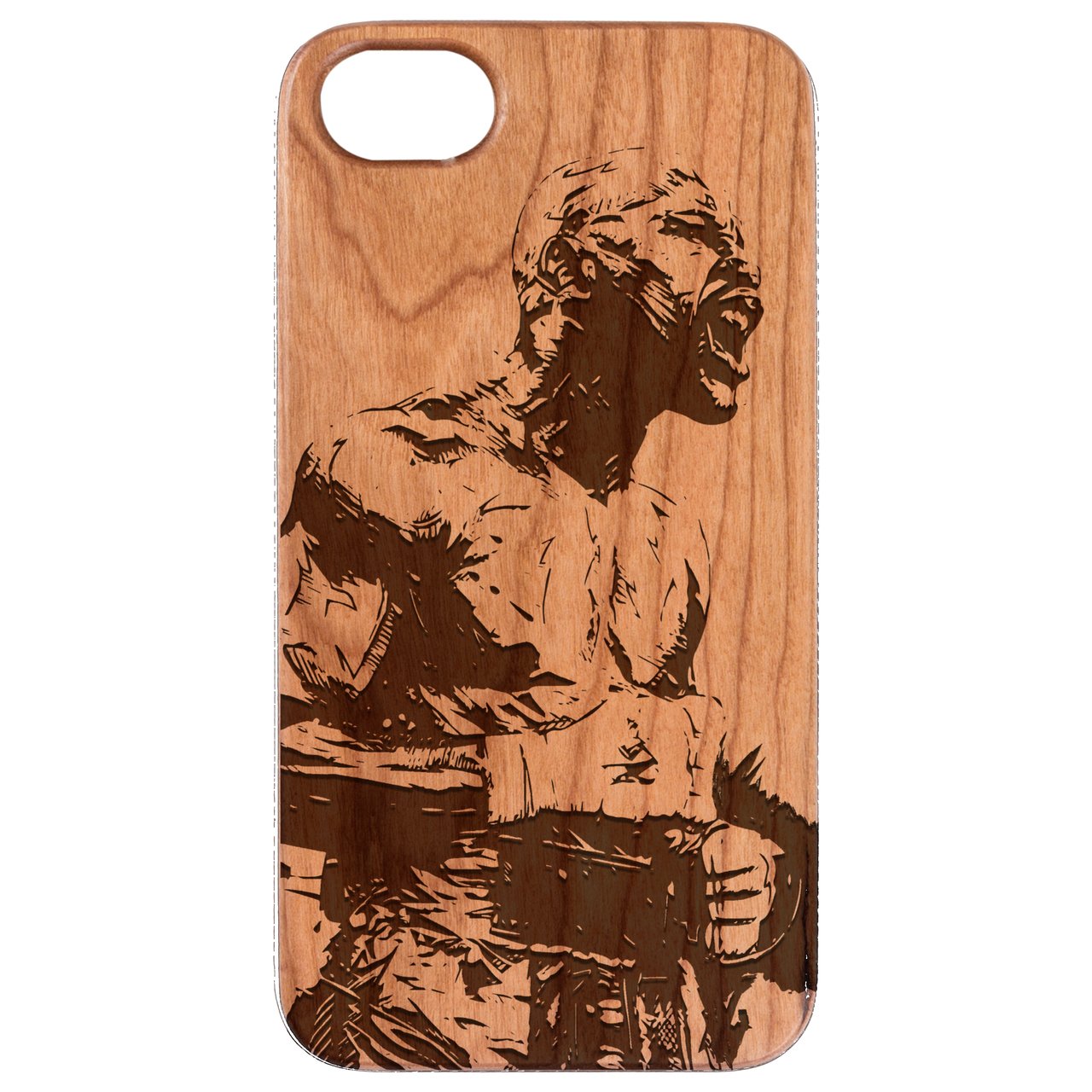 Floyd Mayweather Engraved wooden phone case showcasing unique laser-engraved design and natural wood finish.