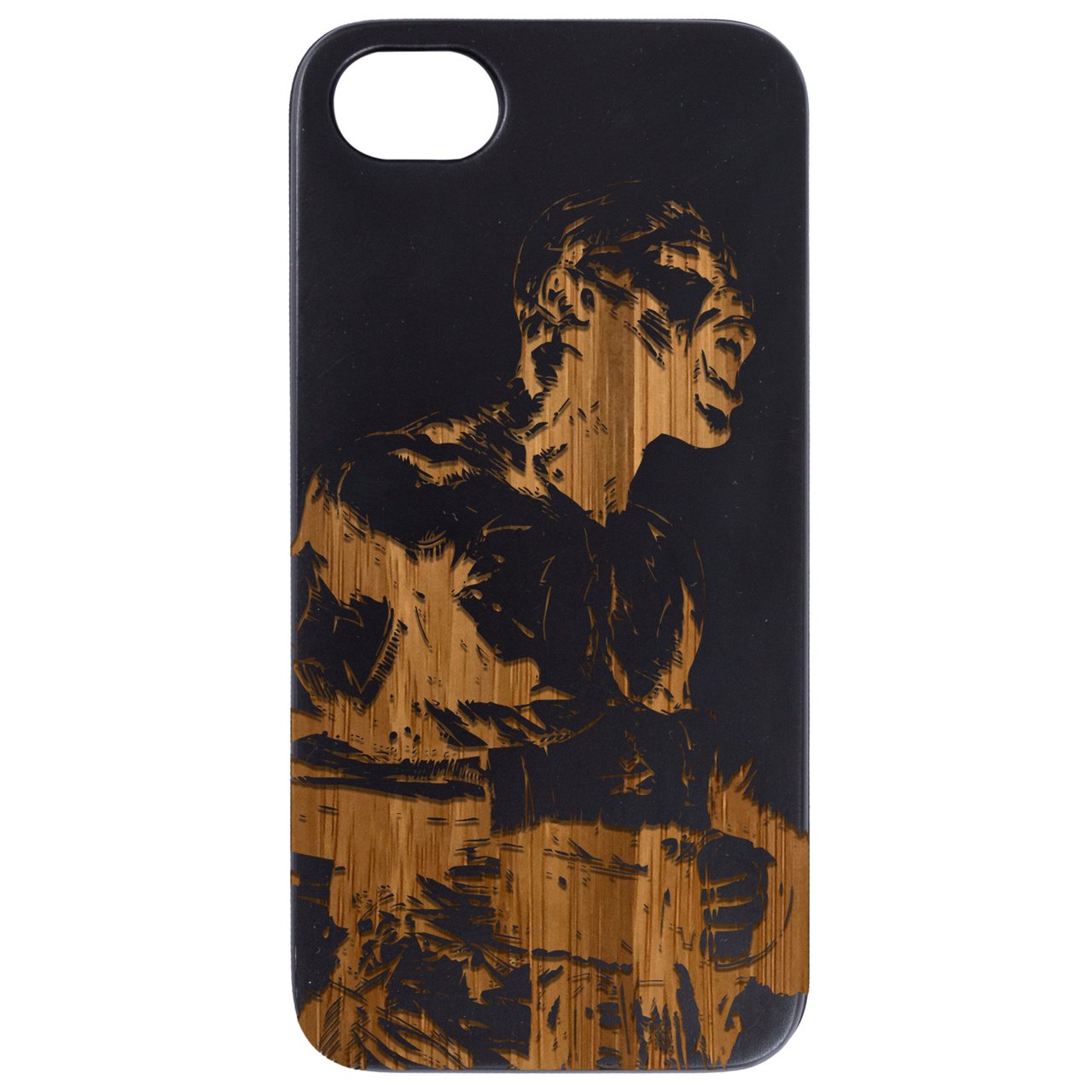 Floyd Mayweather Engraved wooden phone case showcasing unique laser-engraved design and natural wood finish.