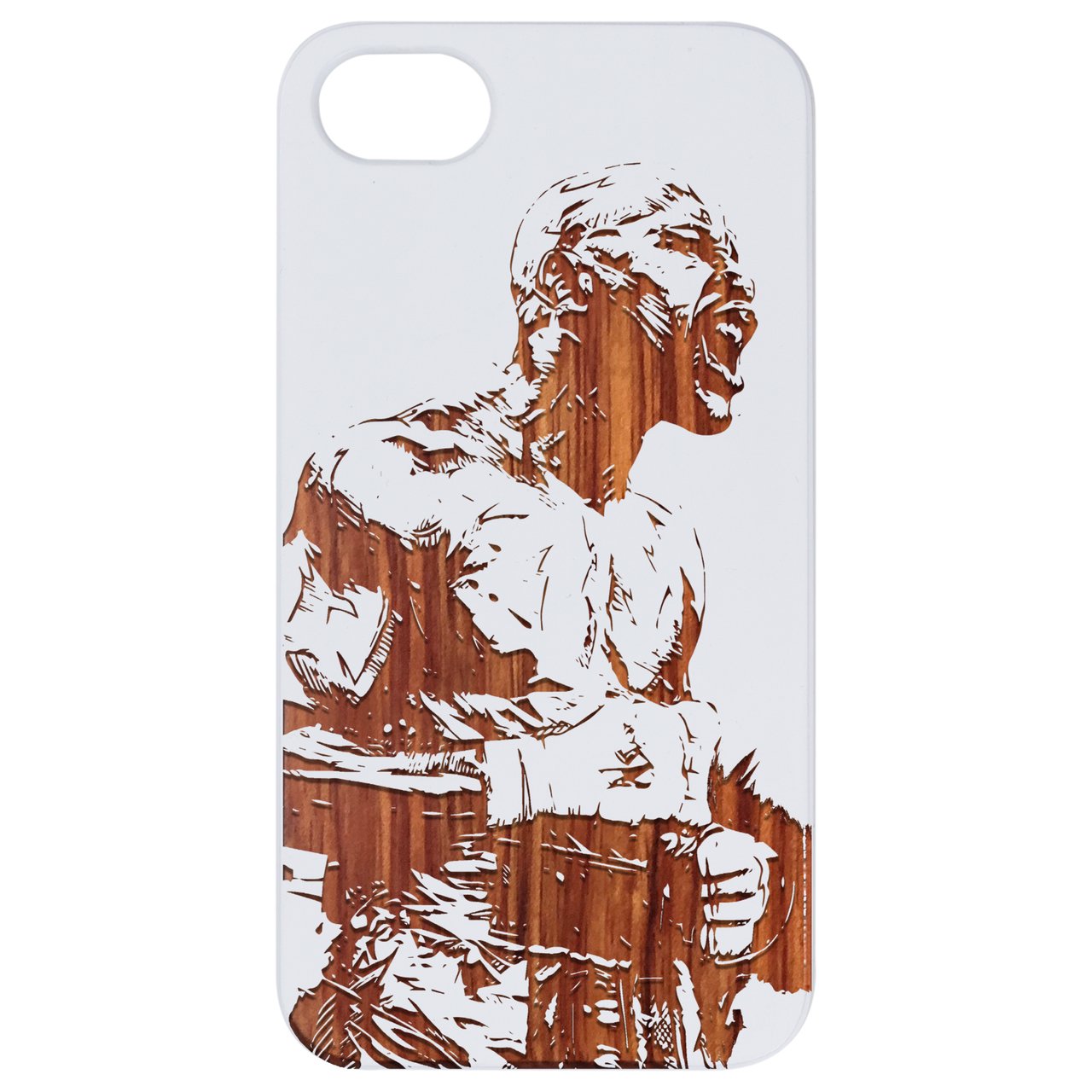 Floyd Mayweather Engraved wooden phone case showcasing unique laser-engraved design and natural wood finish.