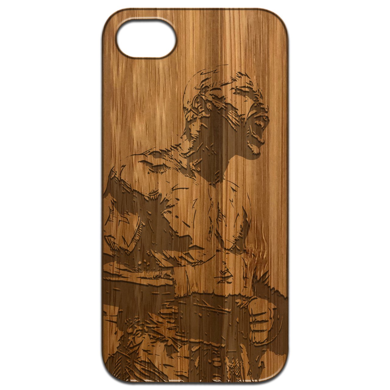 Floyd Mayweather Engraved wooden phone case showcasing unique laser-engraved design and natural wood finish.