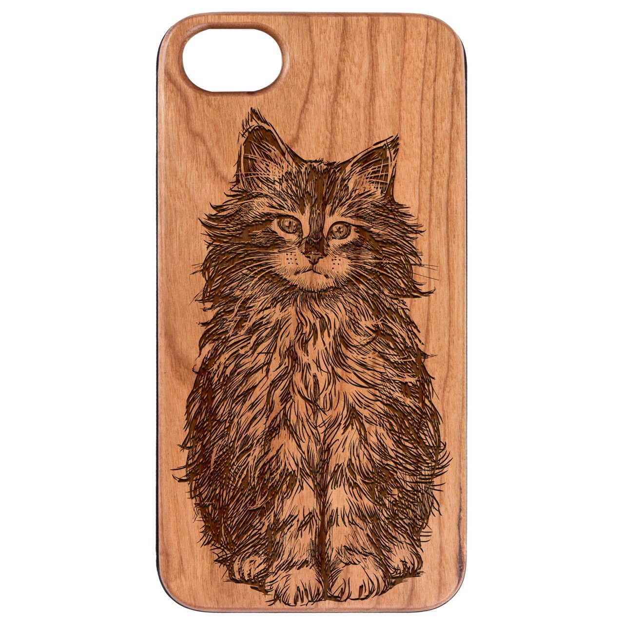 Fluffy Cat Engraved wooden phone case showcasing unique design and durable construction.