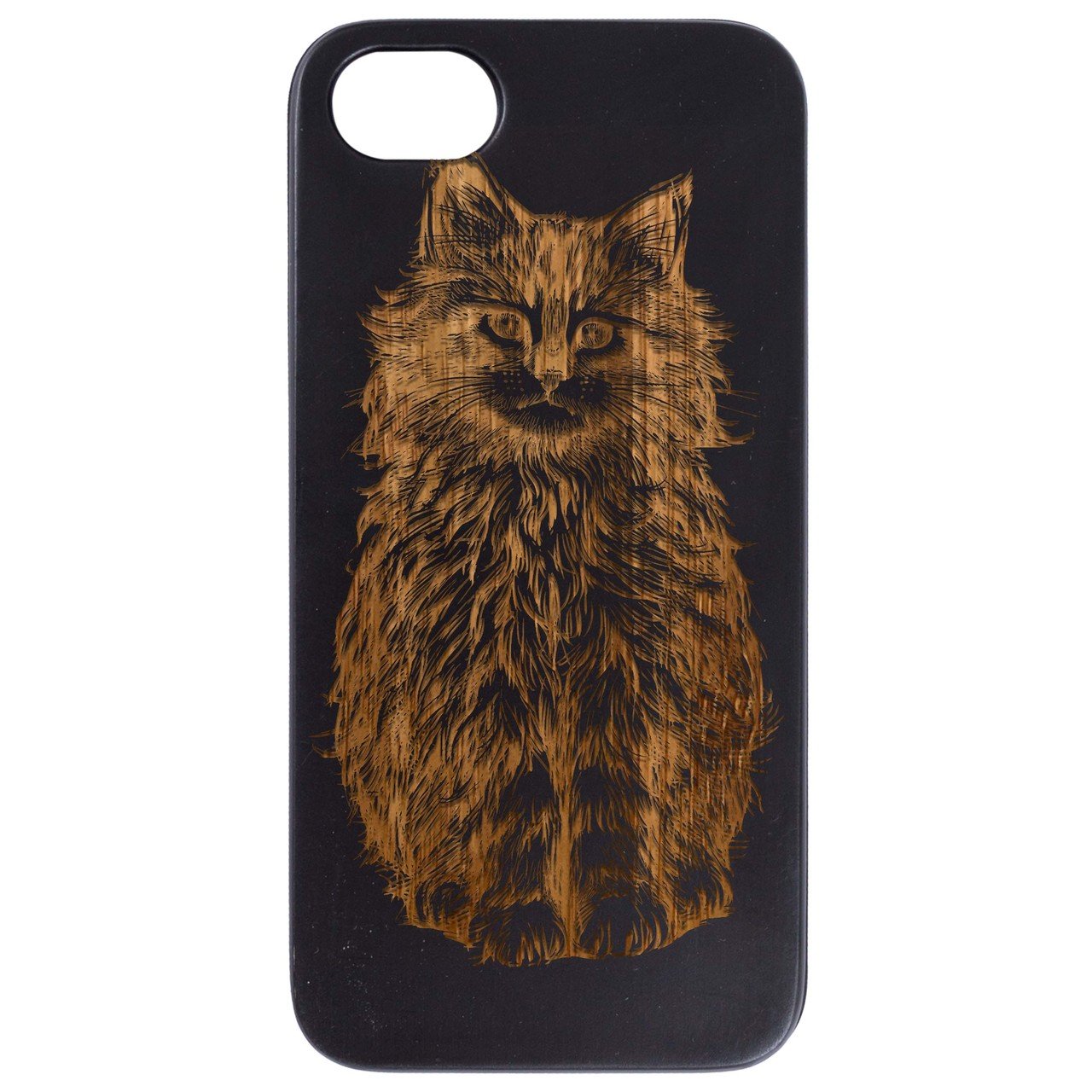 Fluffy Cat Engraved wooden phone case showcasing unique design and durable construction.